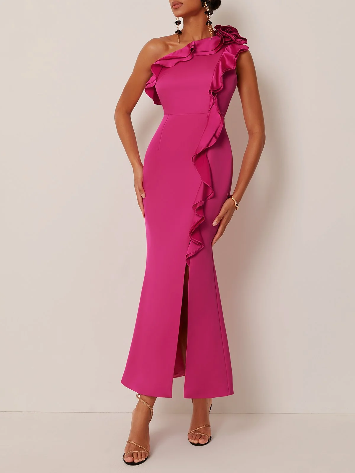 Rose Red One-Shoulder Flouncing Maxi Dress