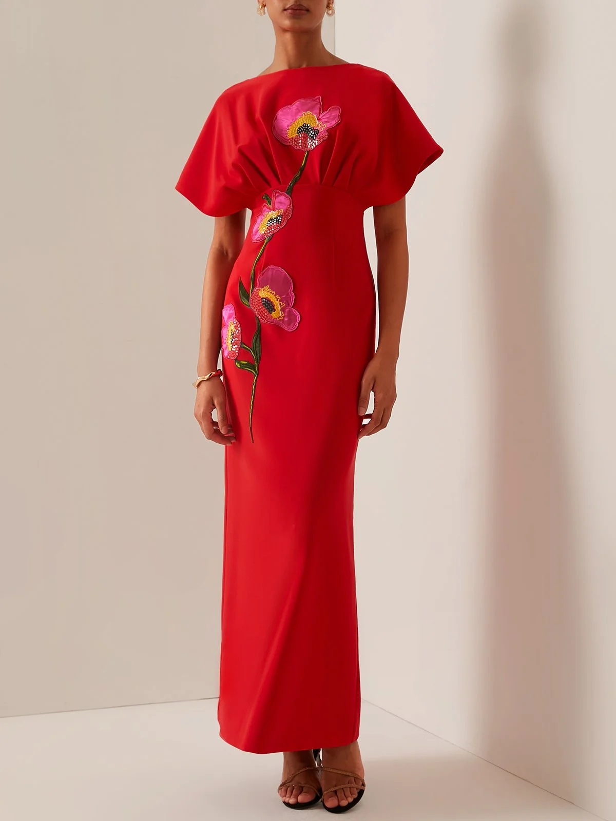 Red Applique Boat Neck Short Sleeve Backless Sheath Maxi Dress