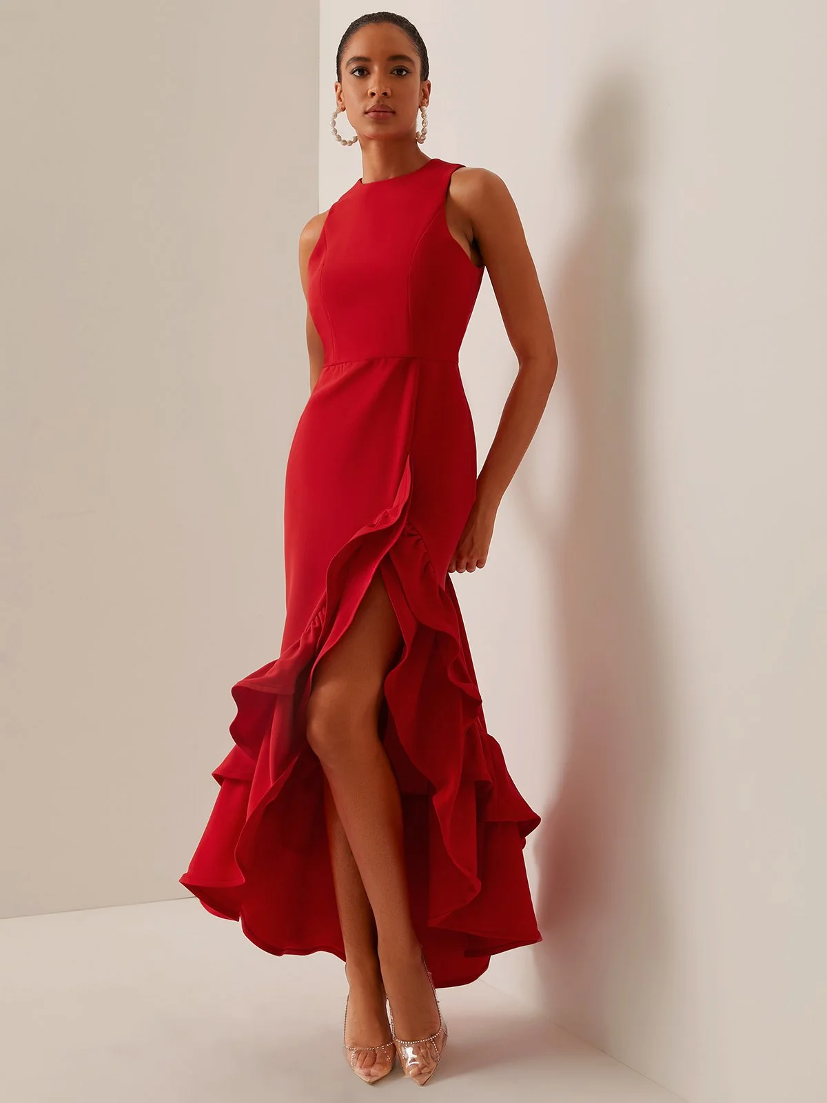 Red Ruffled Sleeveless Slit A-Line Gown