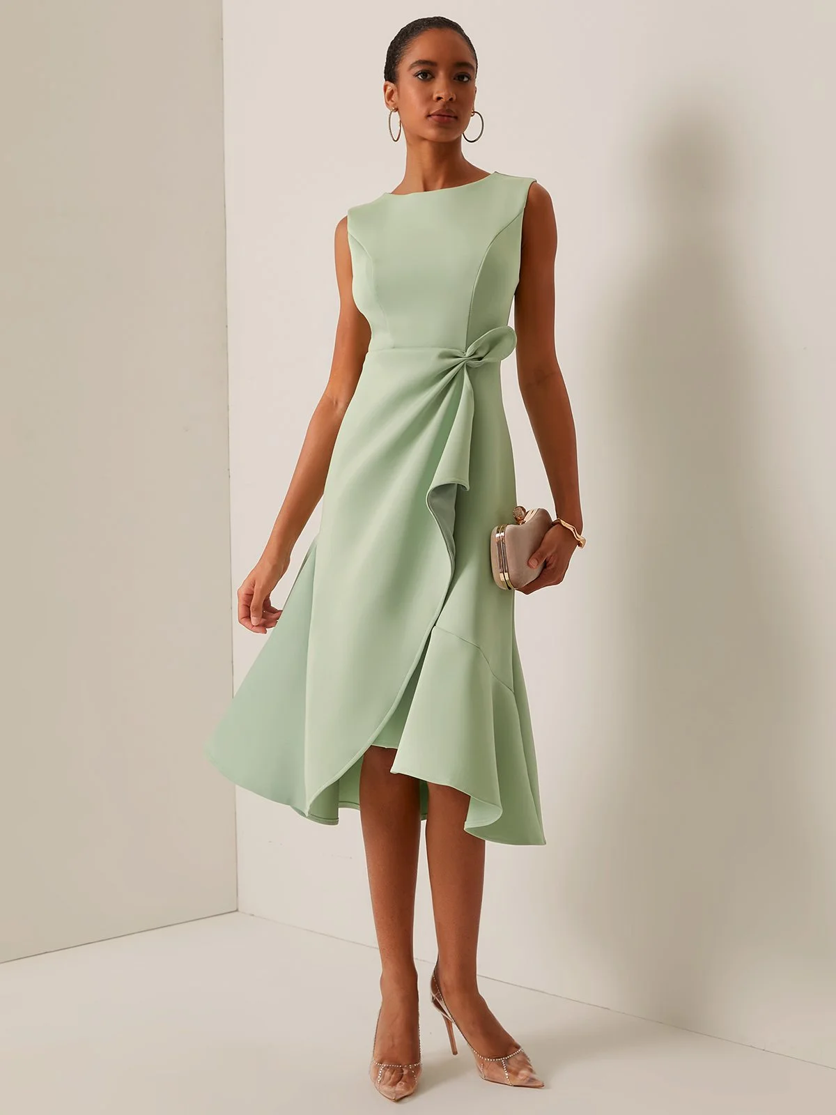 Red Sleeveless Midi Elegant A-line Dress with Waist Twist for Day-to-Night