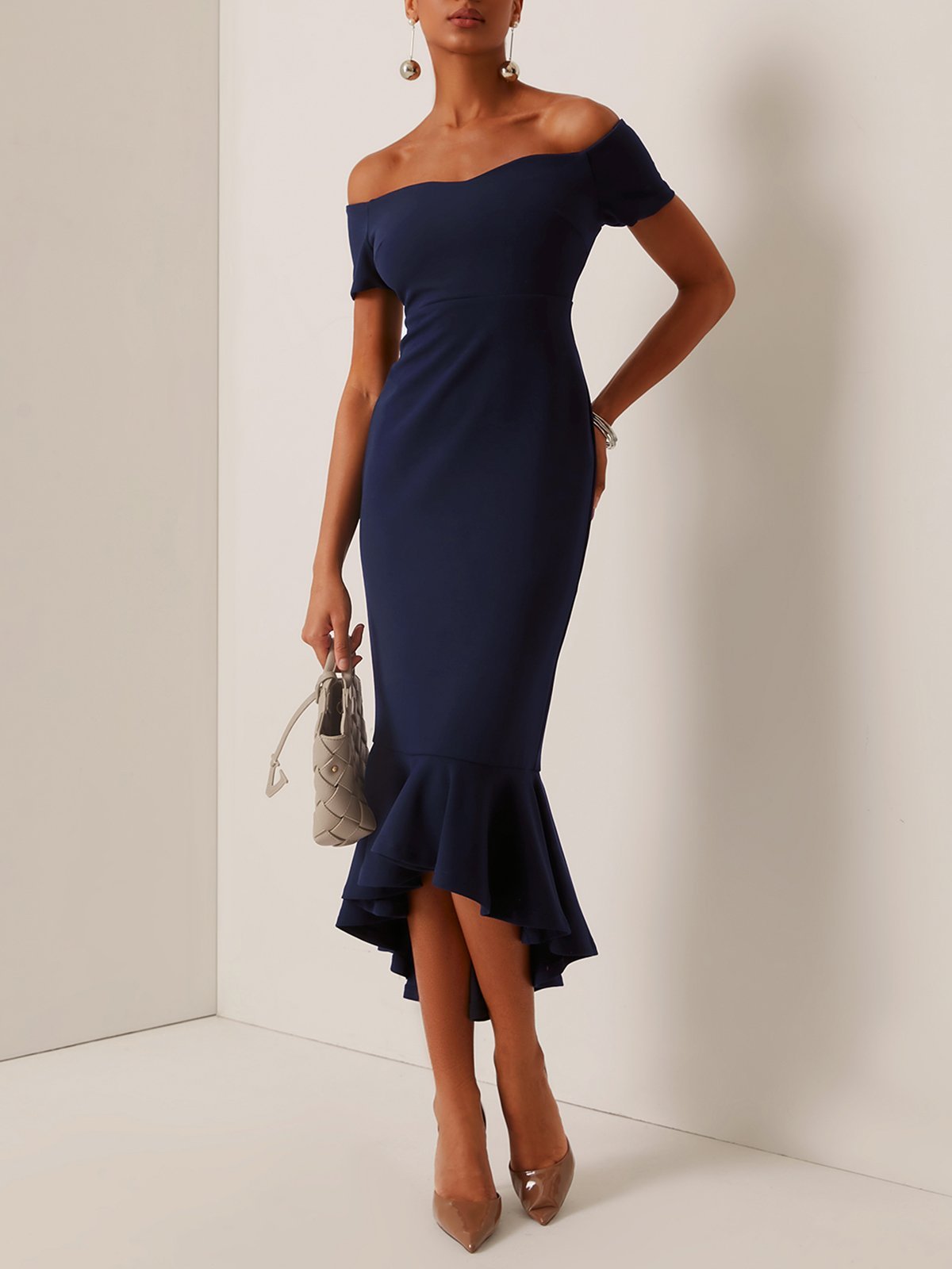 Dark Blue Off The Shoulder Mermaid Midi Dress