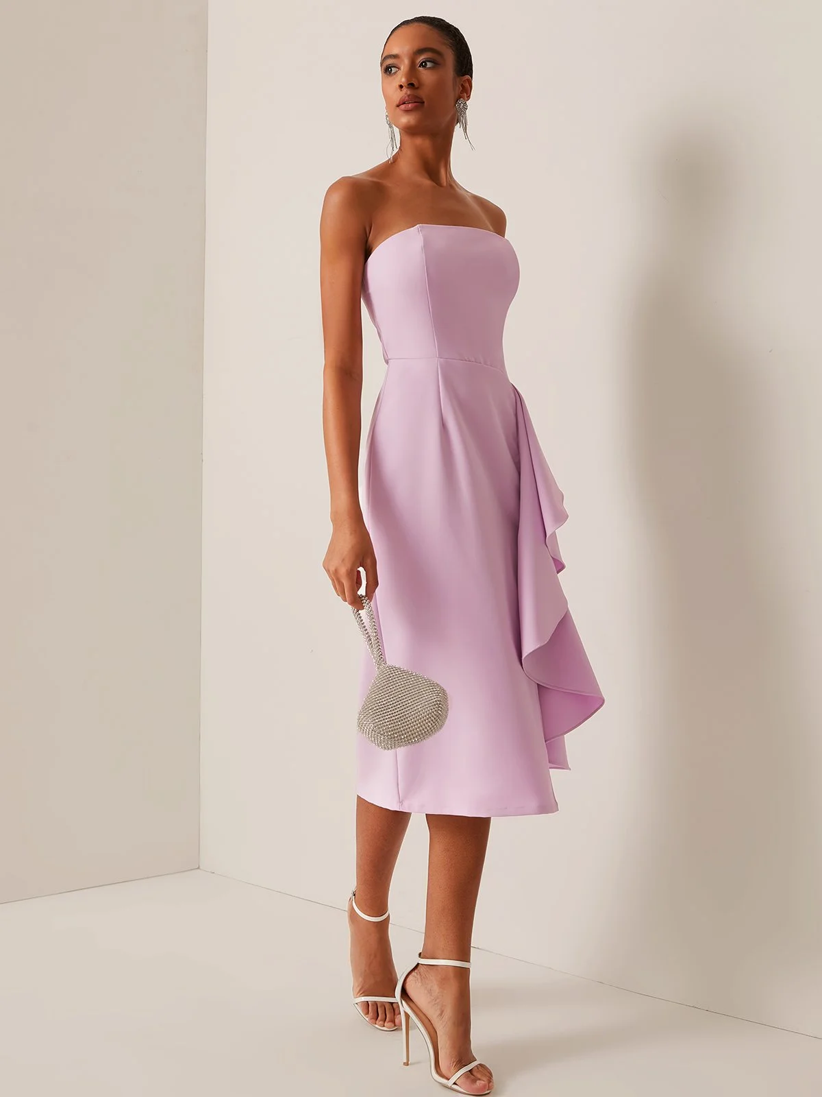 Strapless Sleeveless Midi Dress with Waist Flounce for Date