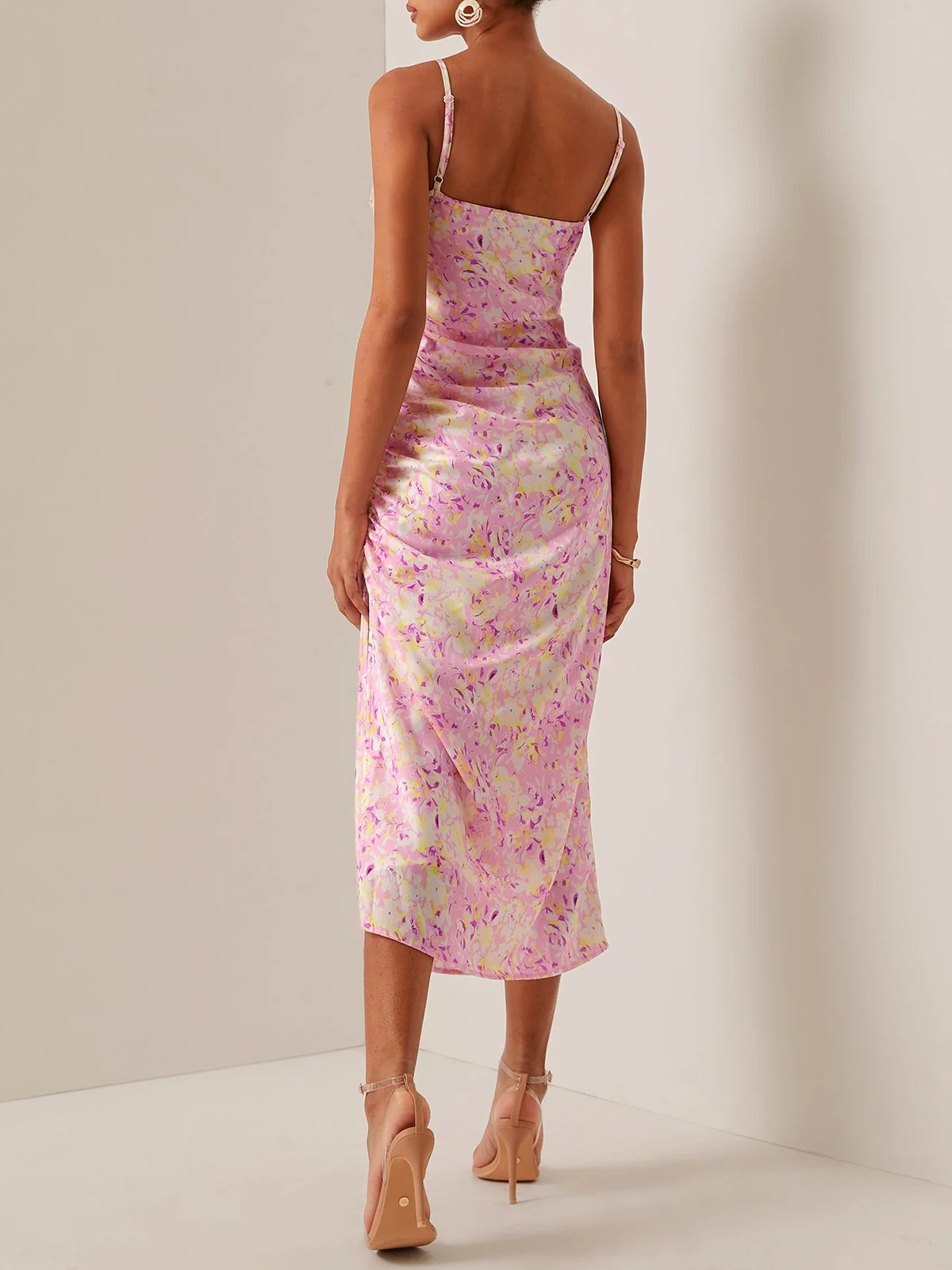 Pink Floral Spaghetti Slit Sheath Midi Dress