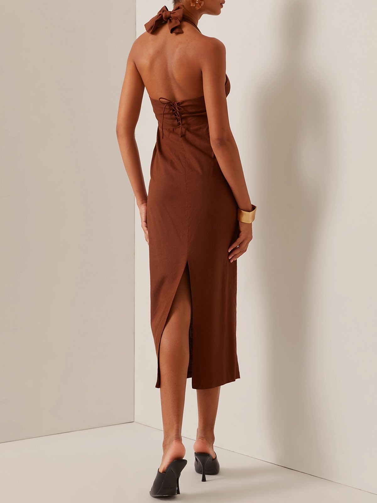 Brown Halter Sheath Midi Dress