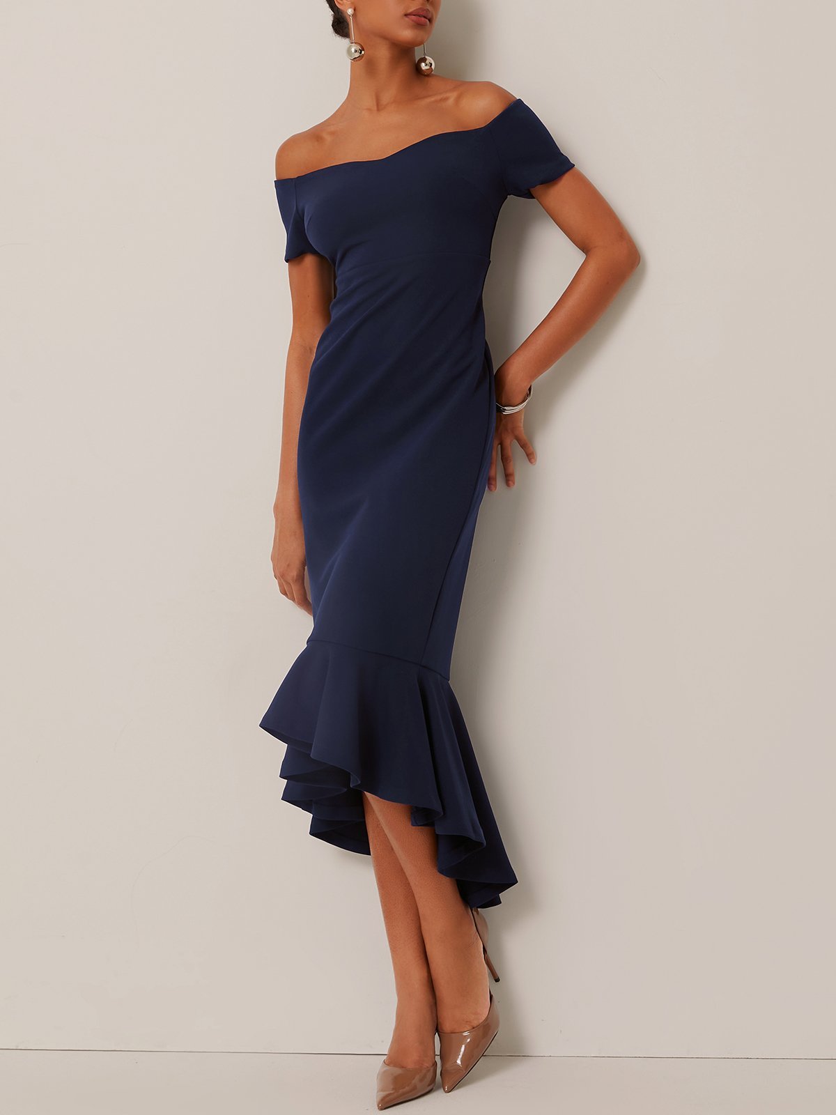 Dark Blue Off The Shoulder Mermaid Midi Dress