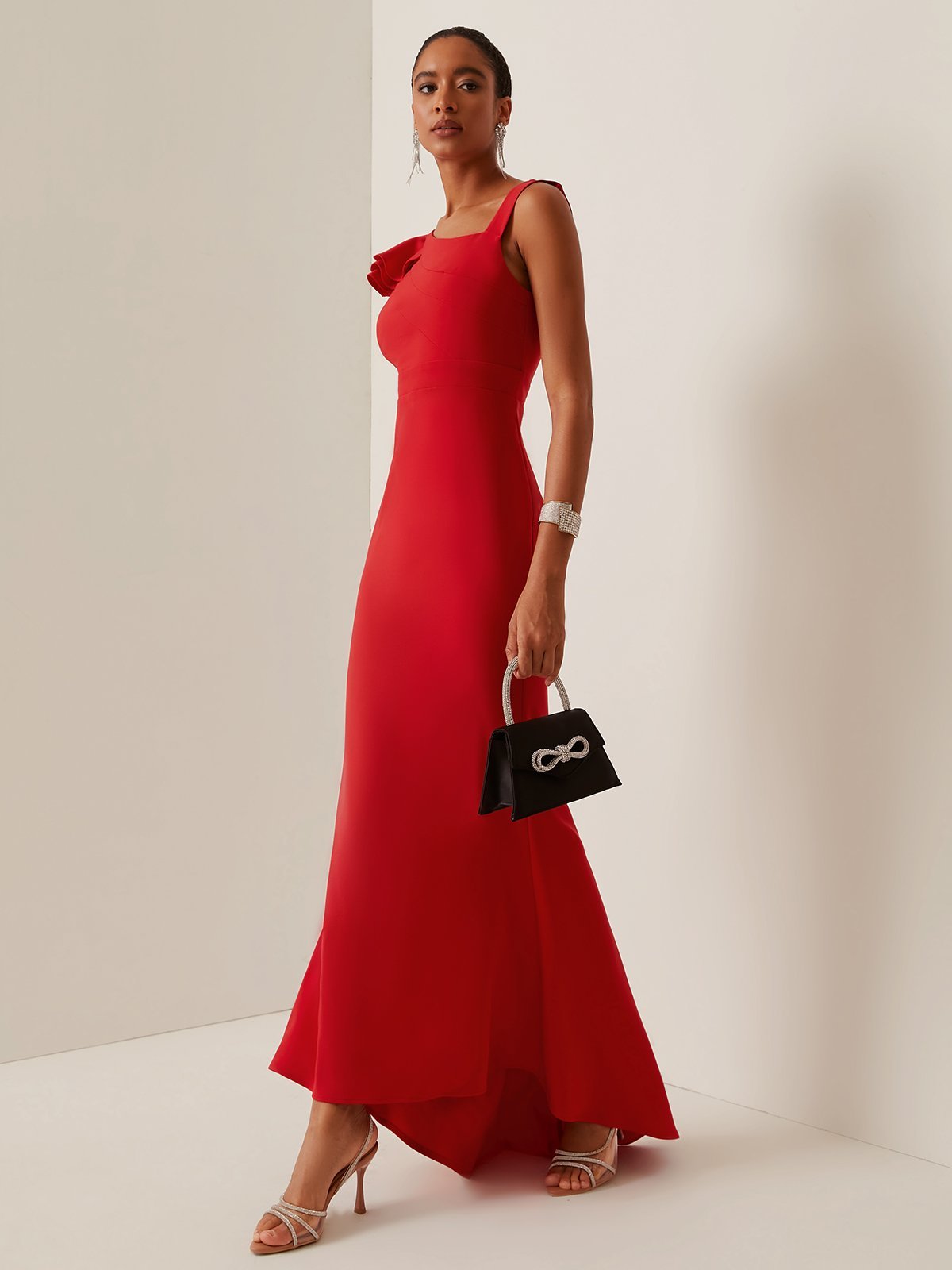 Red Asymmetrical Sleeveless Sheath Maxi Dress