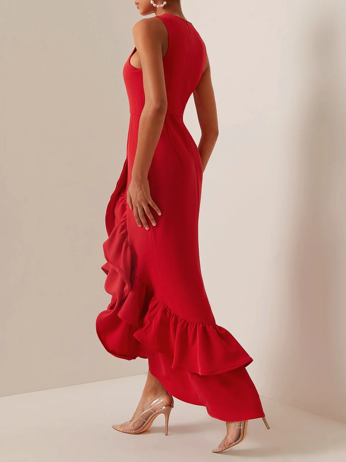 Red Ruffled Sleeveless Slit A-Line Gown