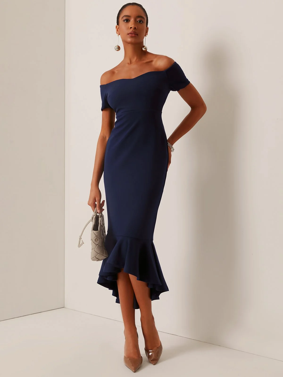 Dark Blue Off The Shoulder Mermaid Midi Dress