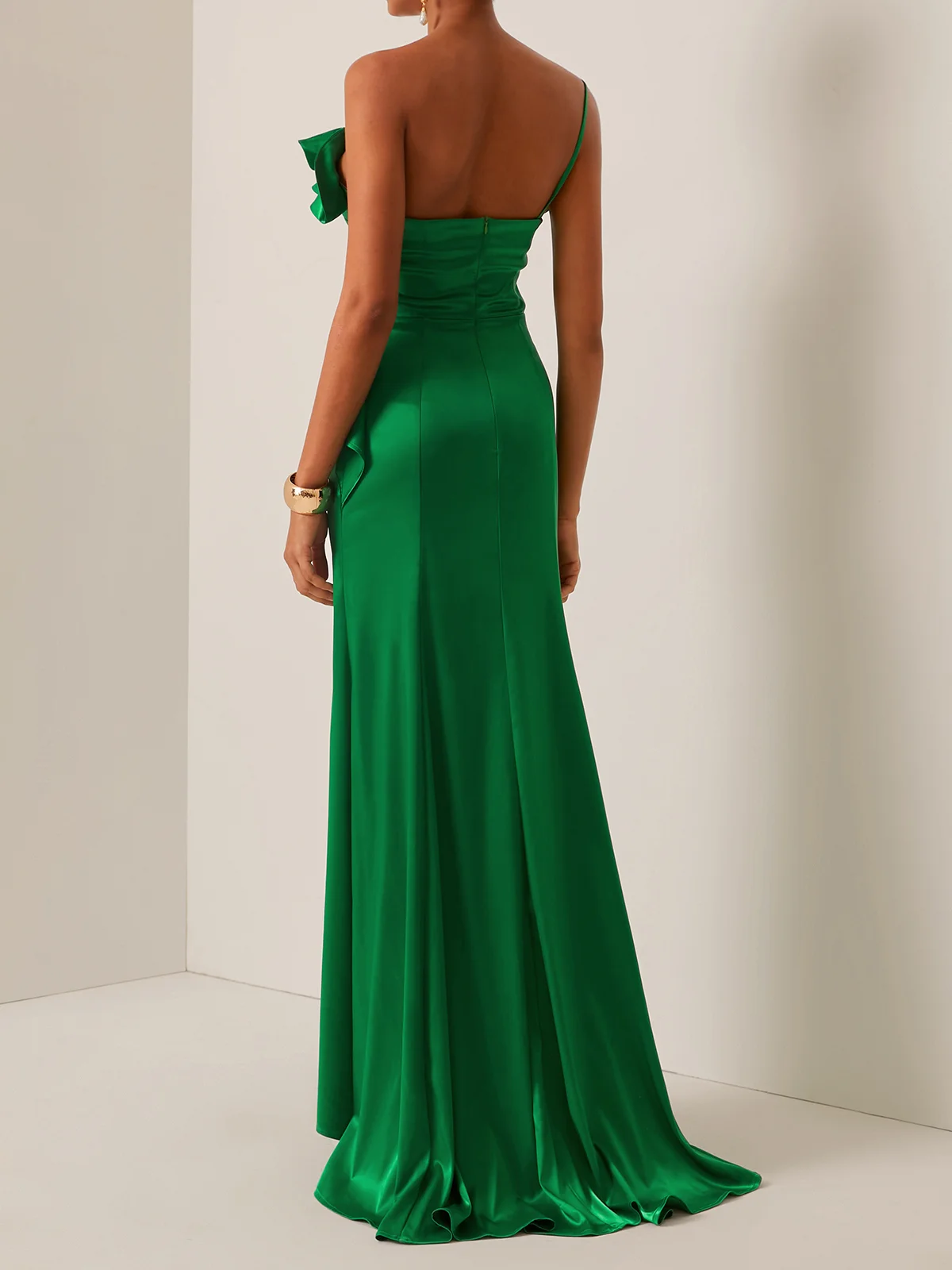 Green Ruched One Shoulder Sleeveless A-Line Gown