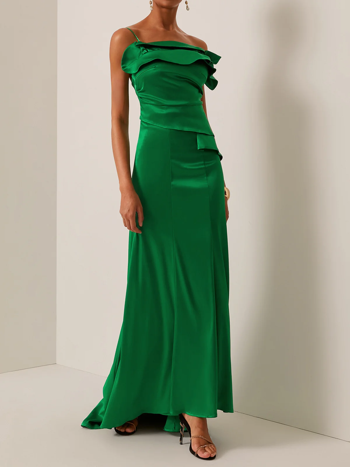 Green Ruched One Shoulder Sleeveless A-Line Gown