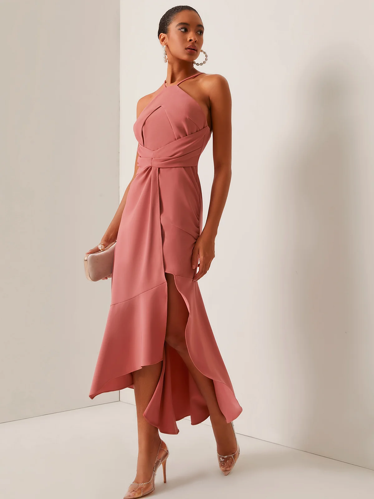 Pink Ruched Halter Sleeveless Asymmetrical A-Line Midi Dress