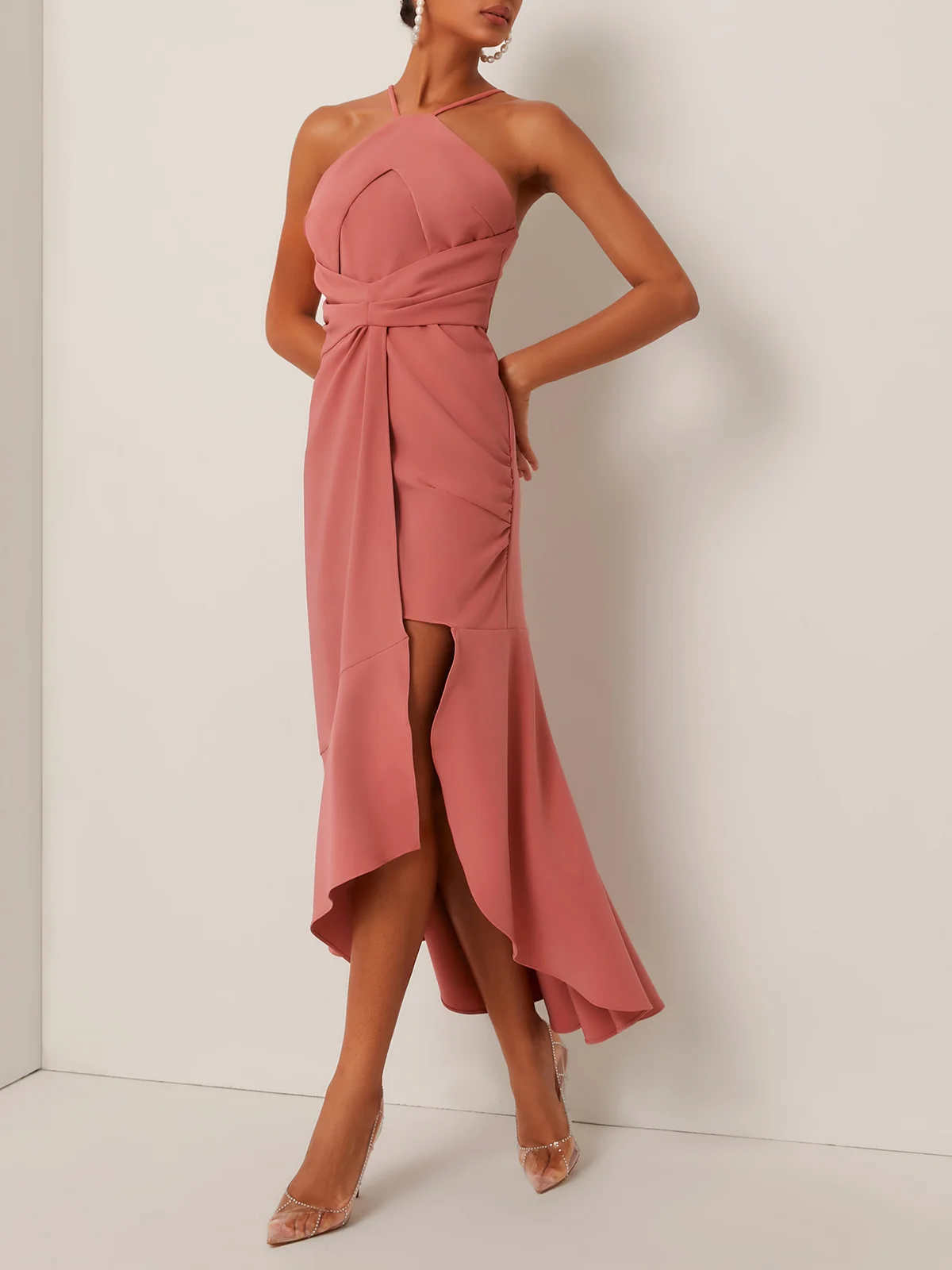 Pink Ruched Halter Sleeveless Asymmetrical A-Line Midi Dress