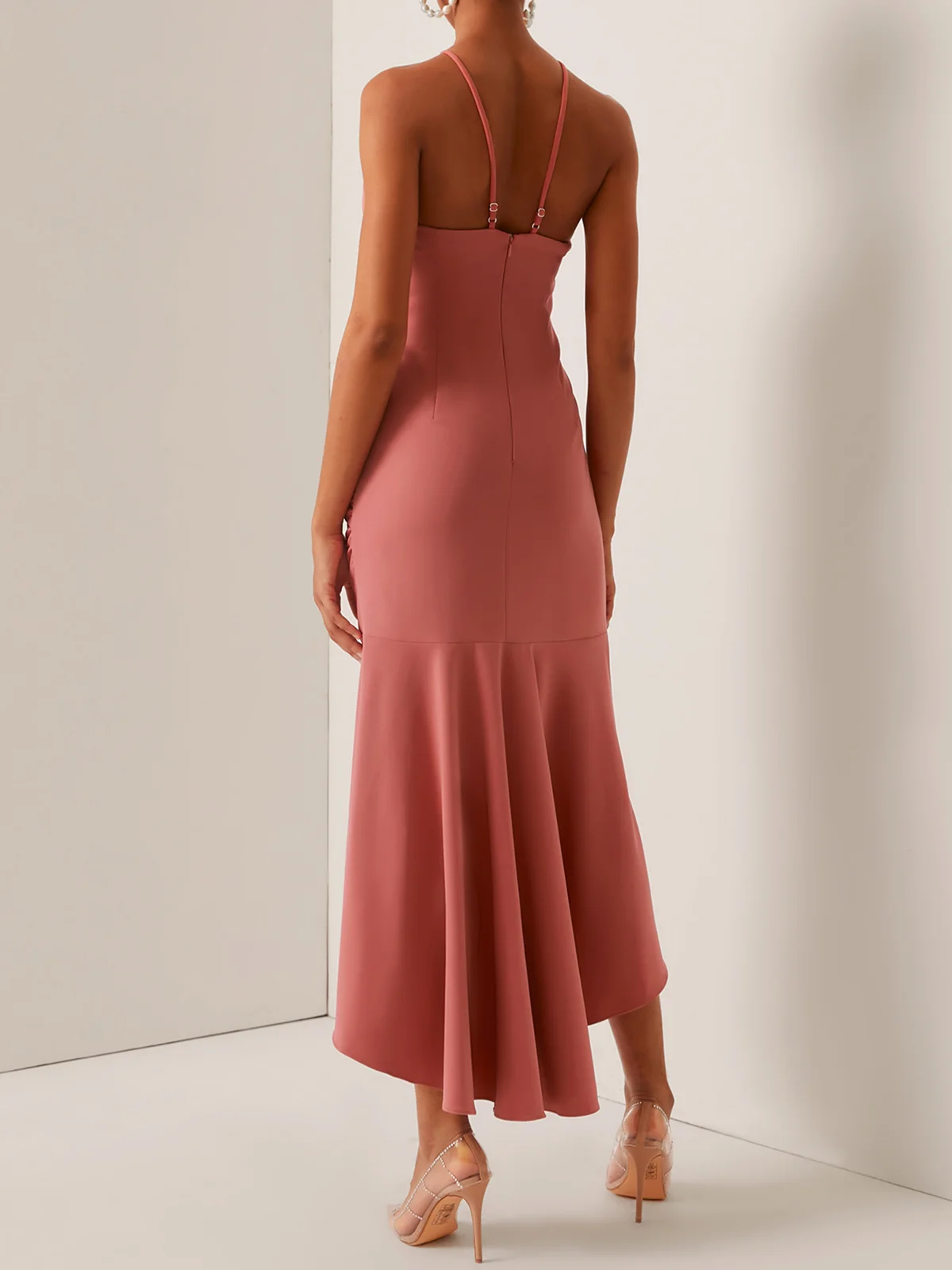 Pink Ruched Halter Sleeveless Asymmetrical A-Line Midi Dress