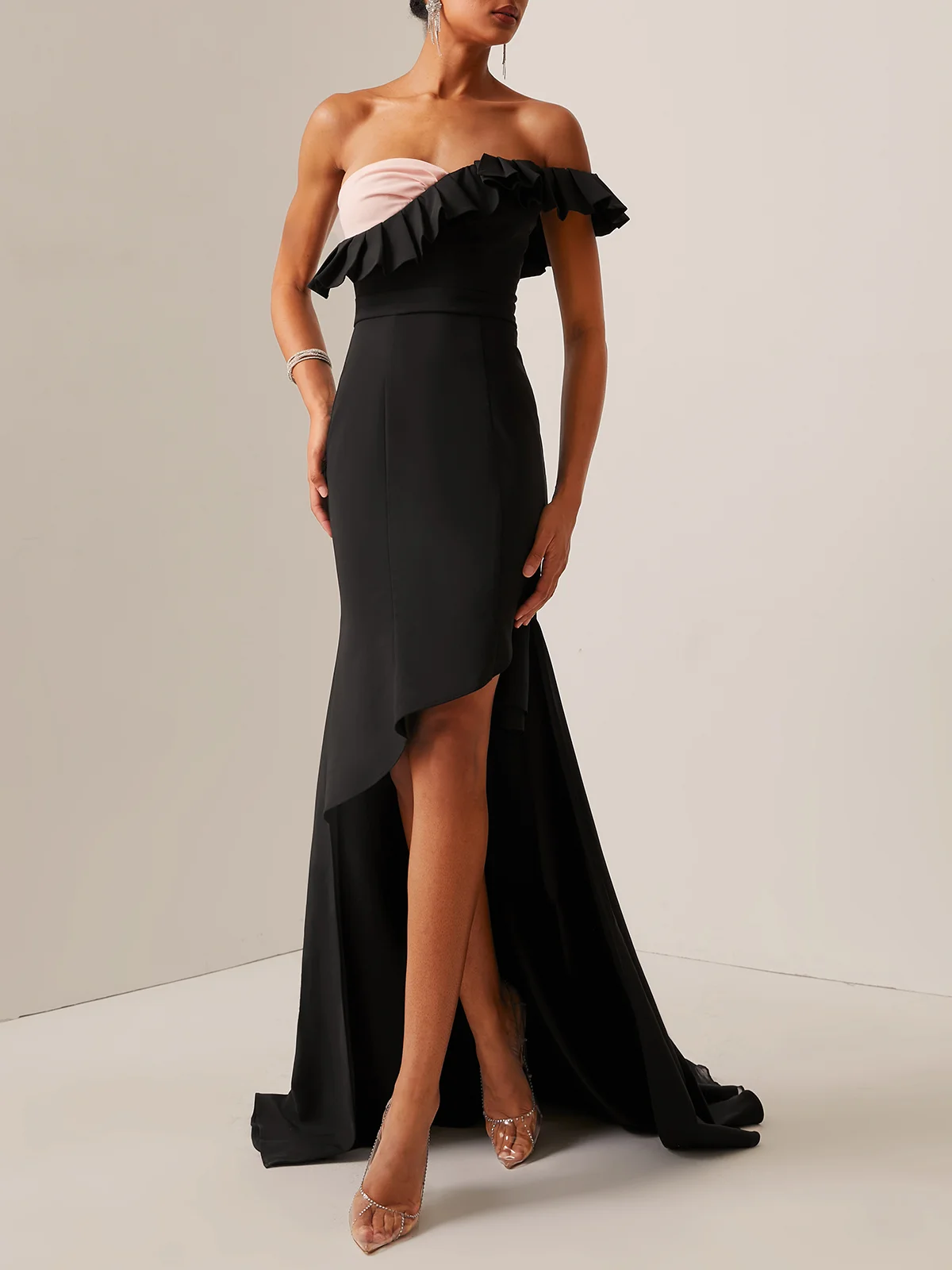 Black Ruffled Strapless Slit  Mermaid Gown