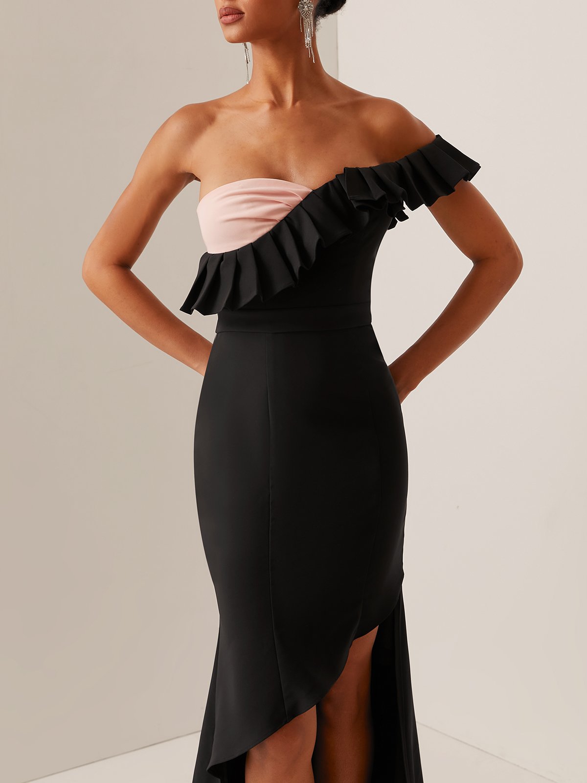 Black Ruffled Strapless Slit  Mermaid Gown