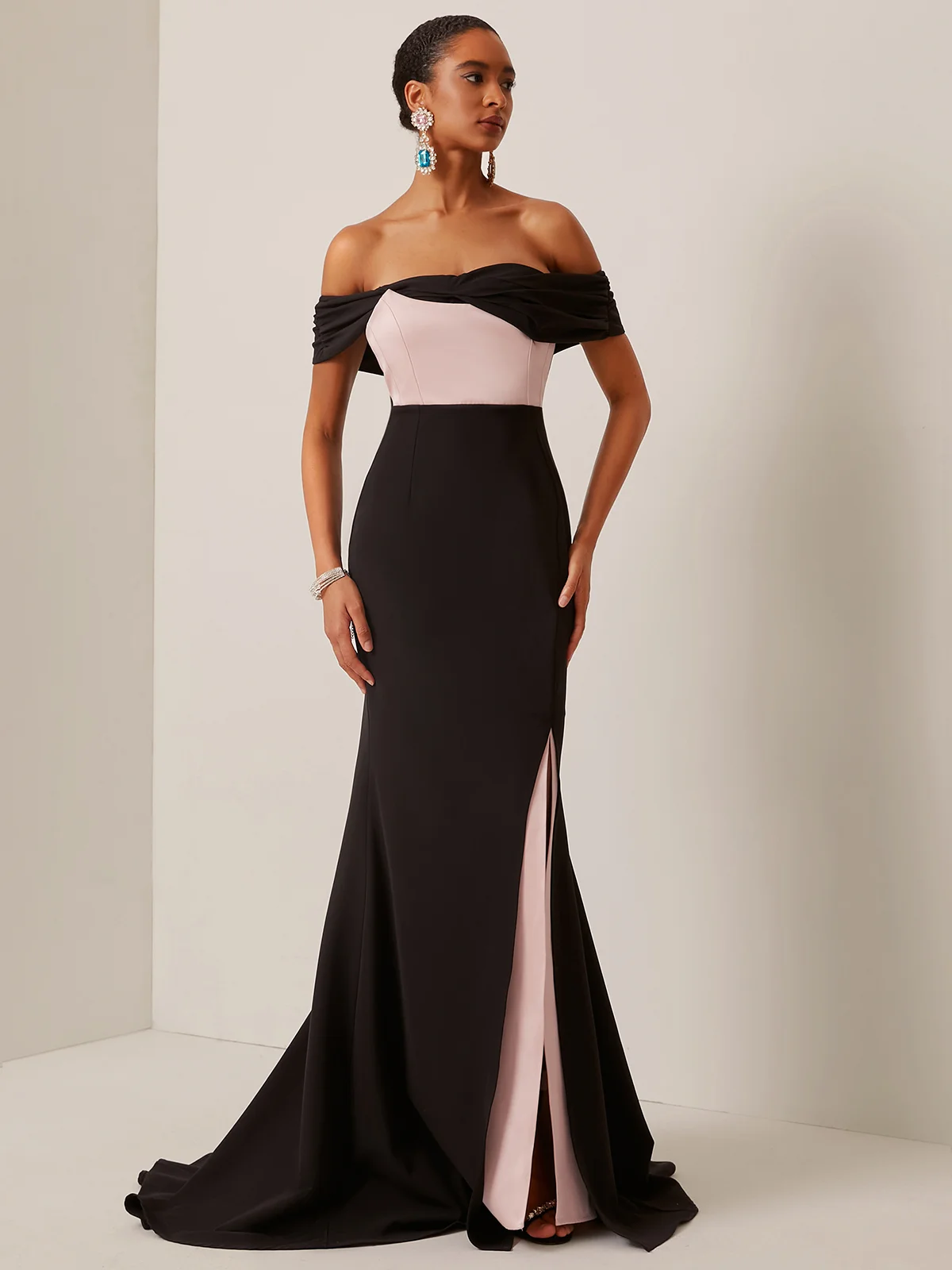 Black-pink Color Block Off The Shoulder Slit Mermaid Gown