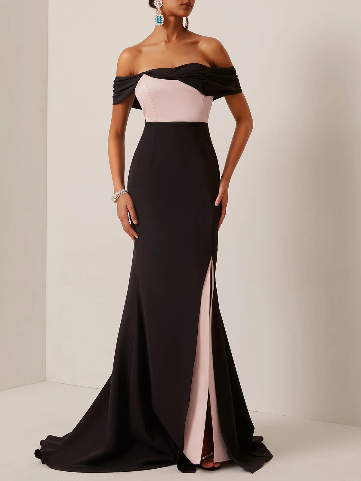 Black-pink Color Block Off The Shoulder Slit Mermaid Gown