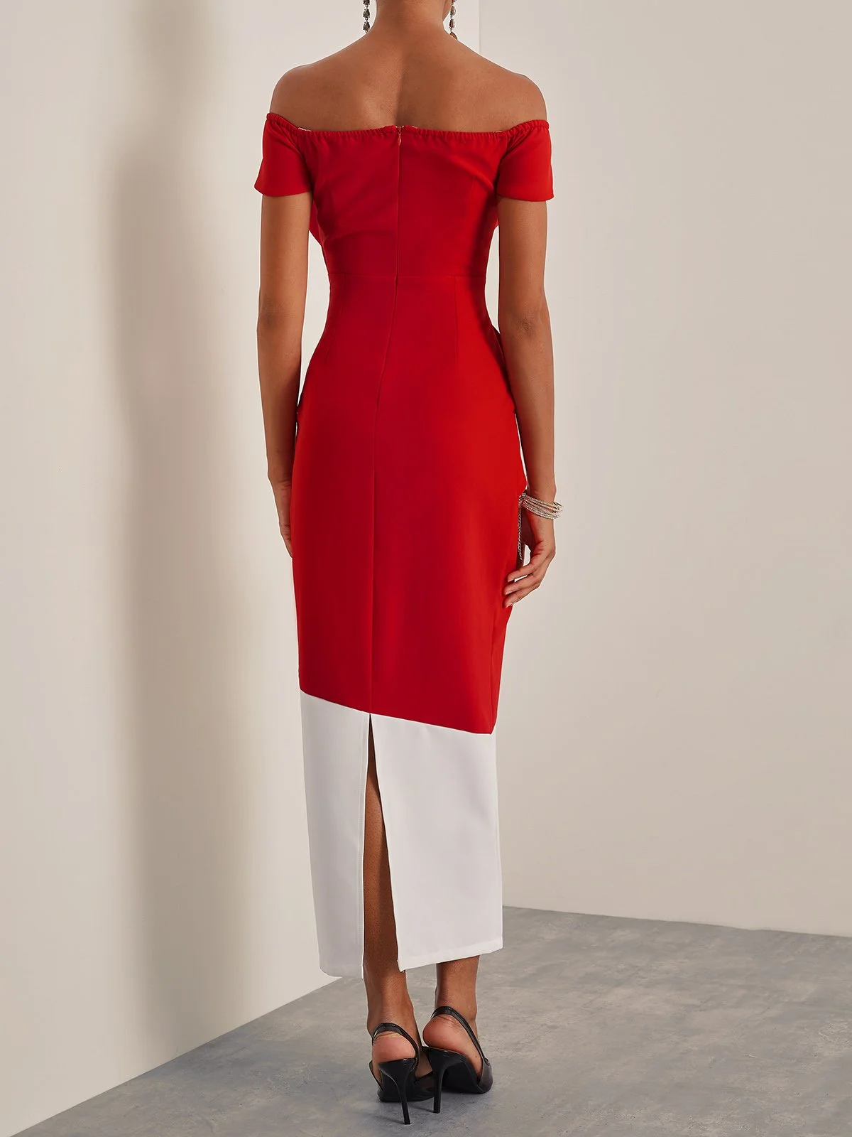 Red Color Block Off The Shoulder Sheath Midi Dress