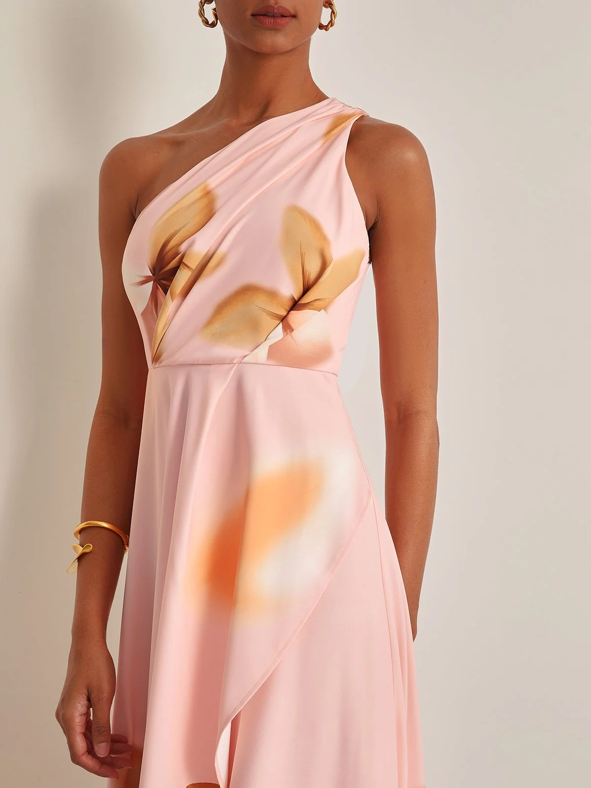 Orange Pink One Shoulder Sleeveless Maxi Dress with Ruched