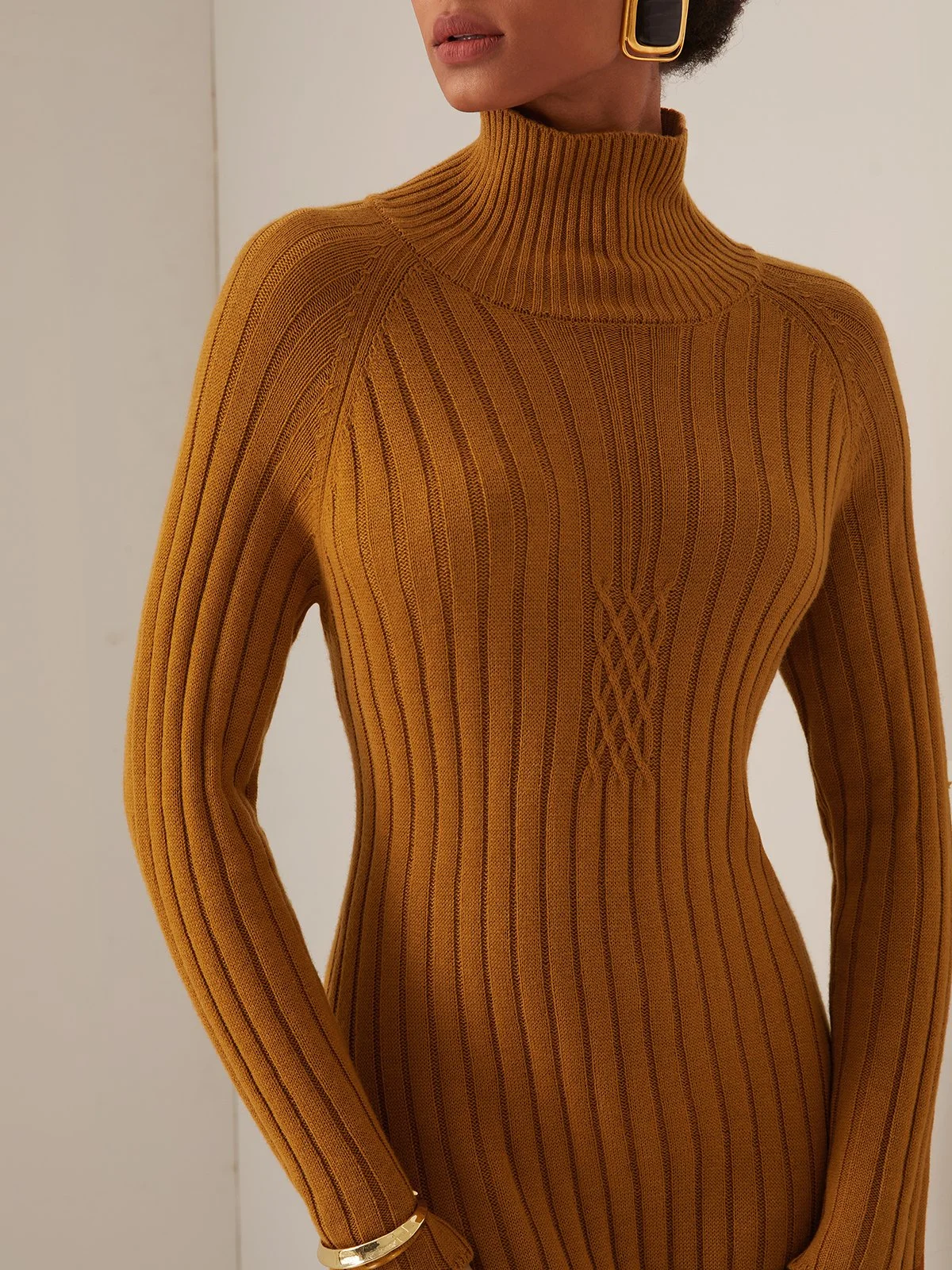 Wool Brown Knot Front Turtleneck Sweater Dress 