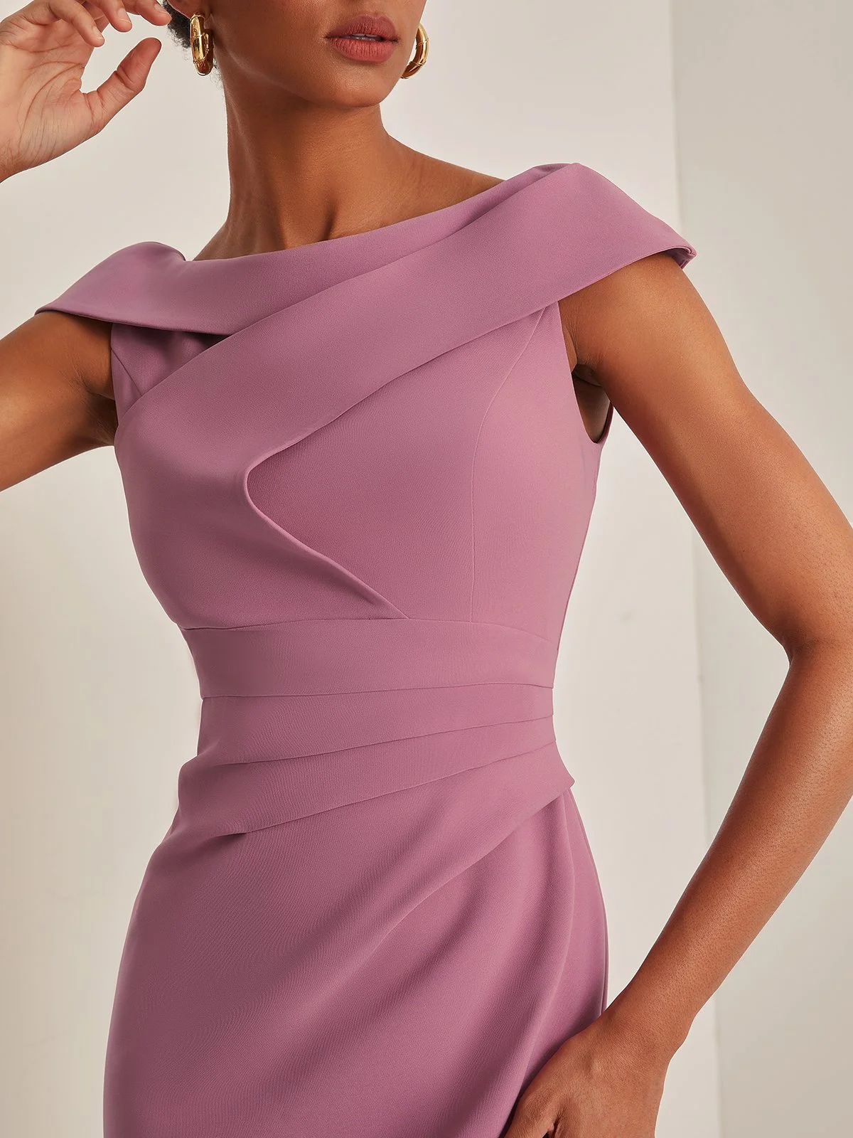 Berry Pink Asymmetrical Neck Sheath Midi Dress