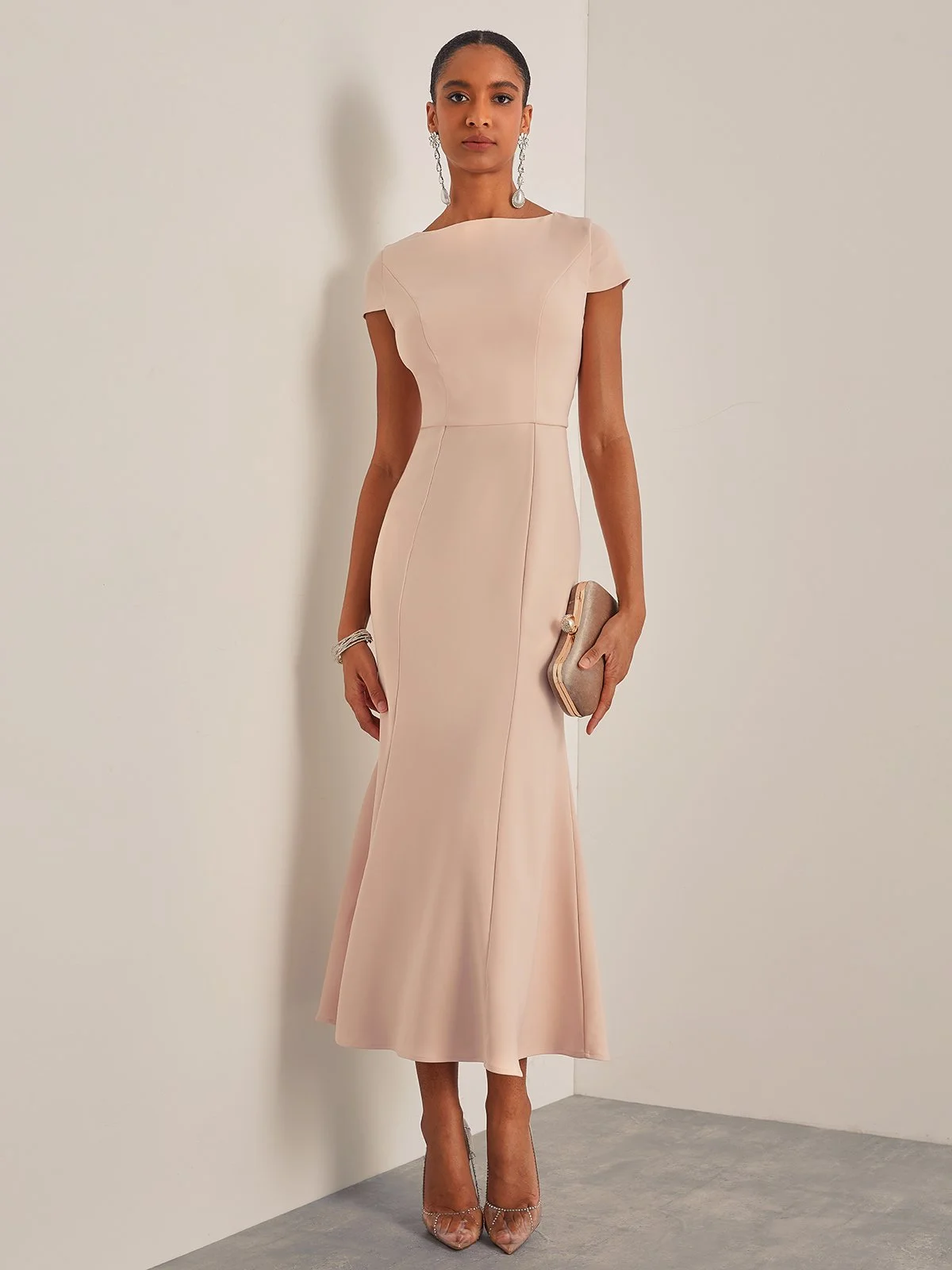 Light Pink Boat Neck Short Sleeve Mermaid Midi Dress