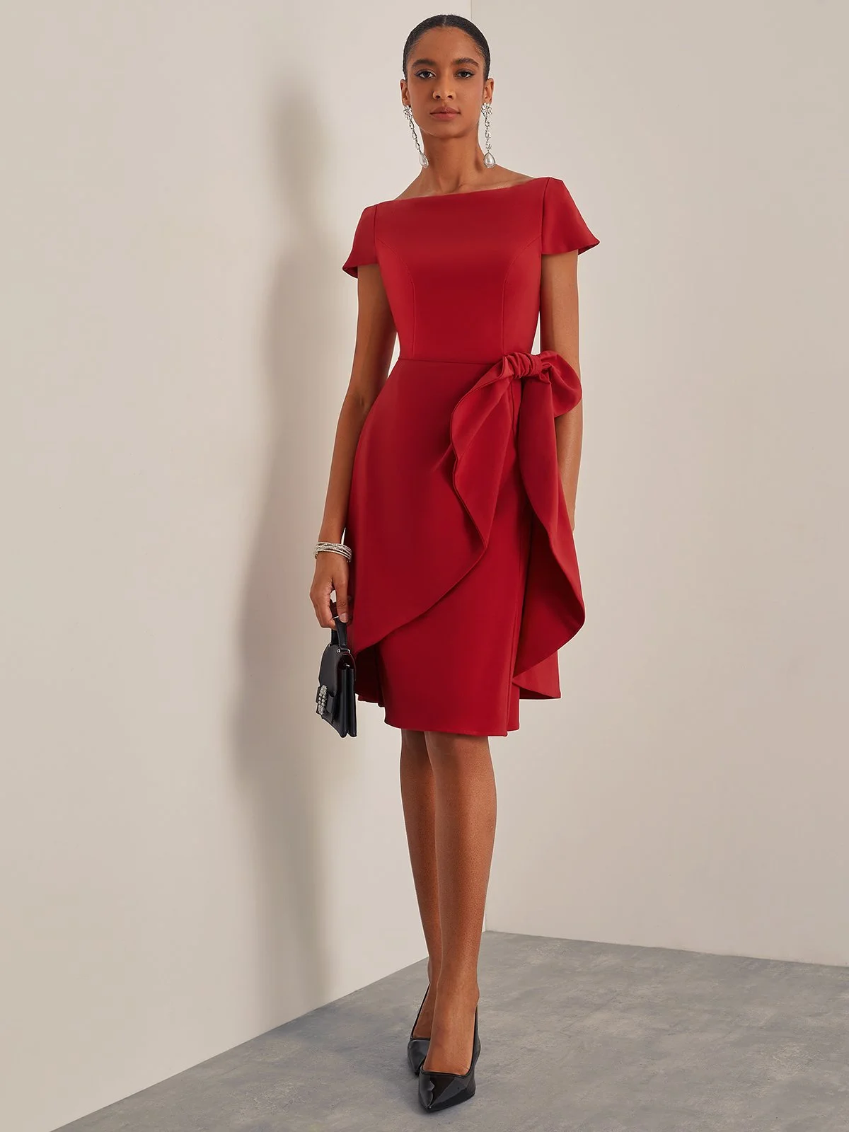 Red Bow Boat Neck Short Sleeve A-Line Midi Dress