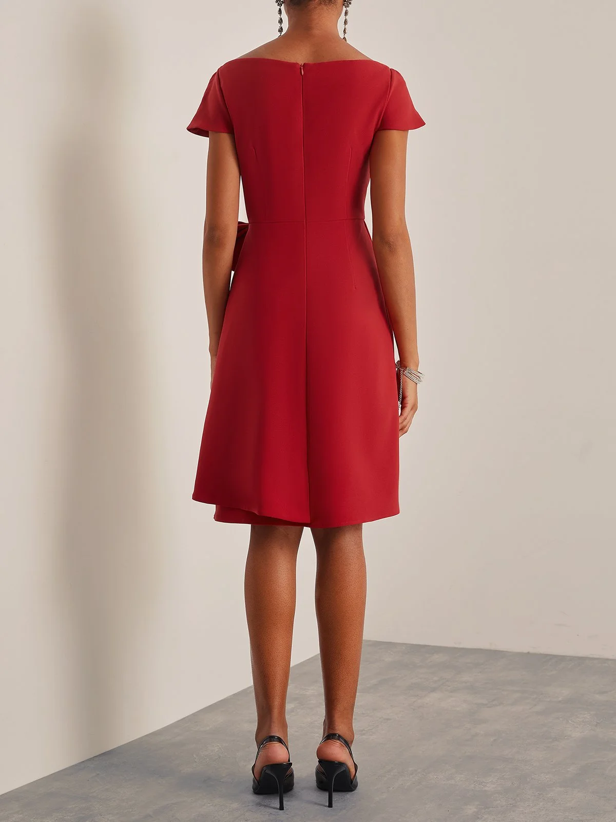 Red Bow Boat Neck Short Sleeve A-Line Midi Dress