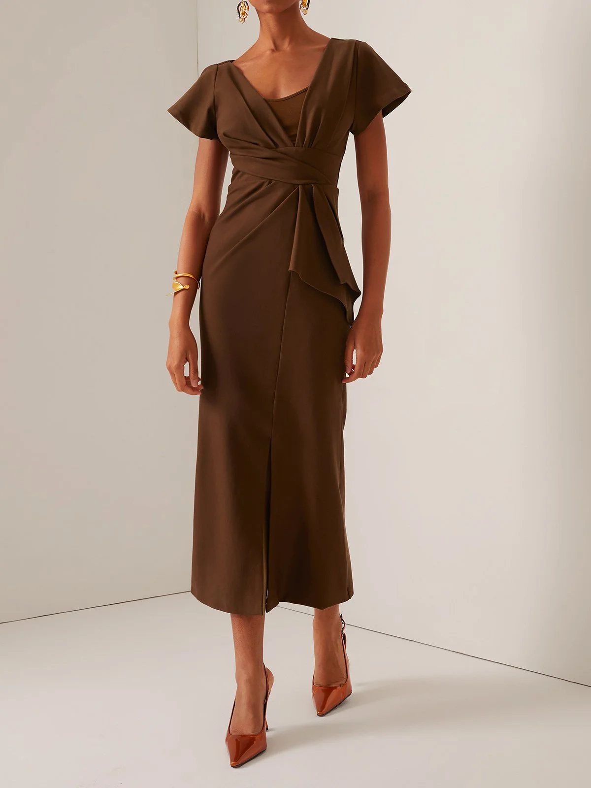 Brown Ruched Short Sleeve A-Line Midi Dress