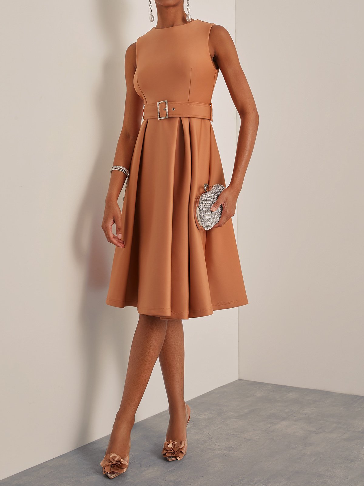 Pinkish Brown Sleeveless A-Line Midi Dress