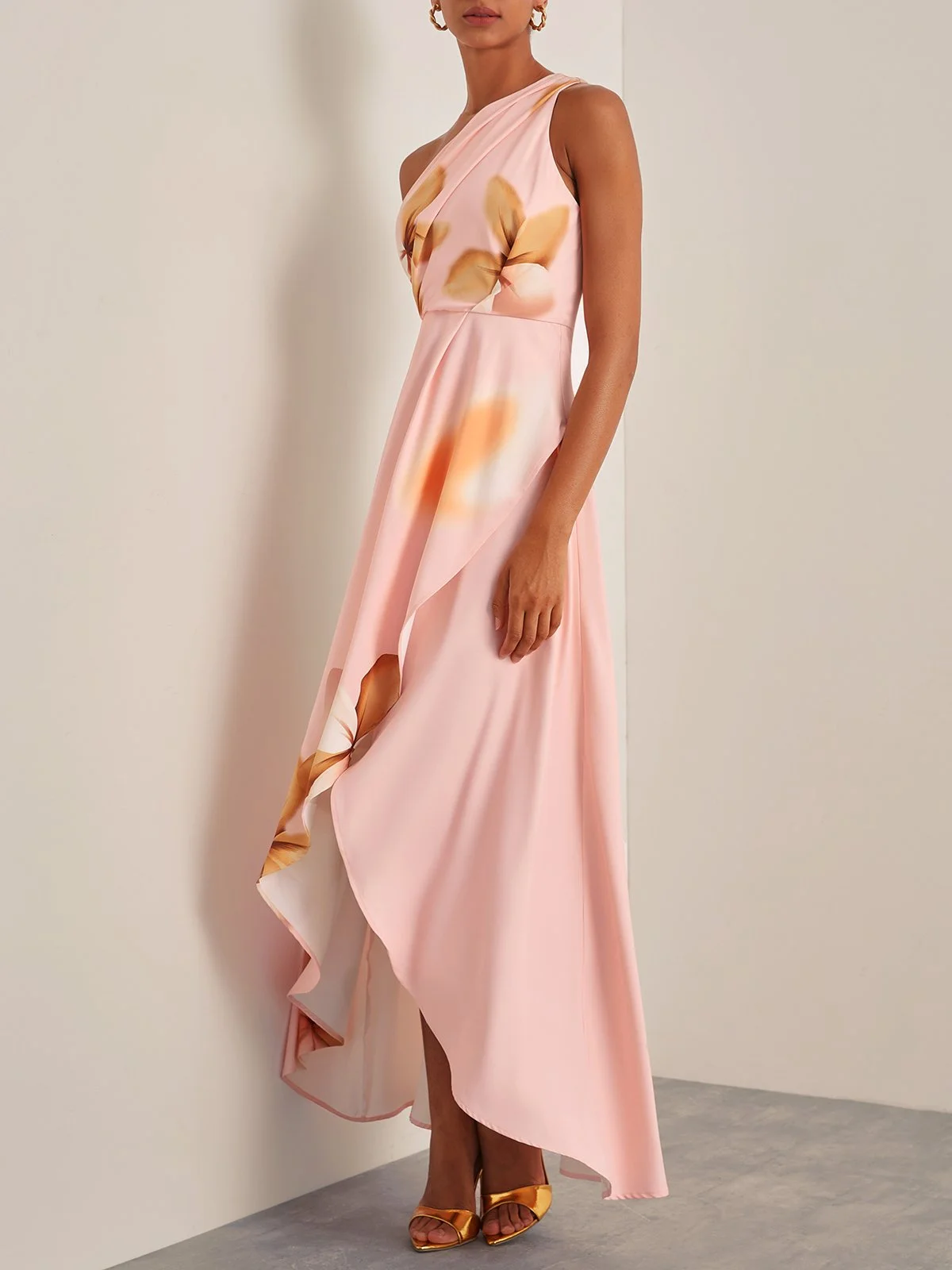 Orange Pink One Shoulder Sleeveless Maxi Dress with Ruched