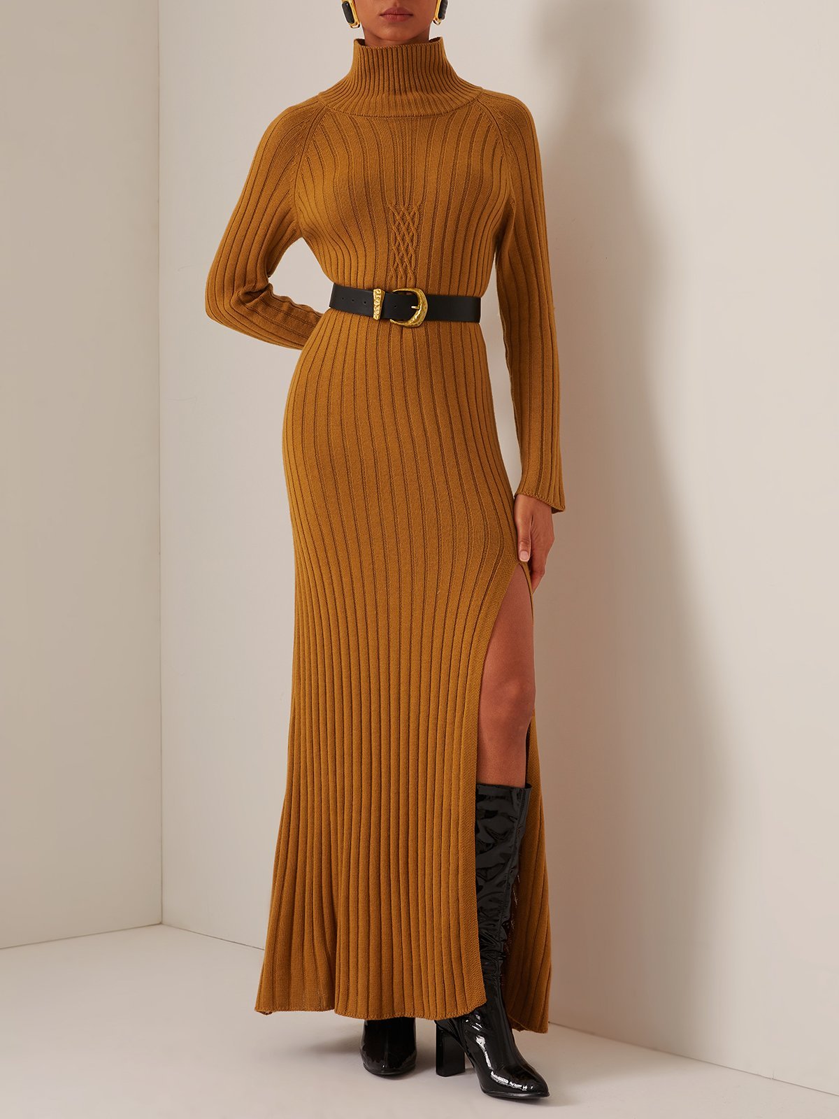 Wool Brown Knot Front Turtleneck Sweater Dress 