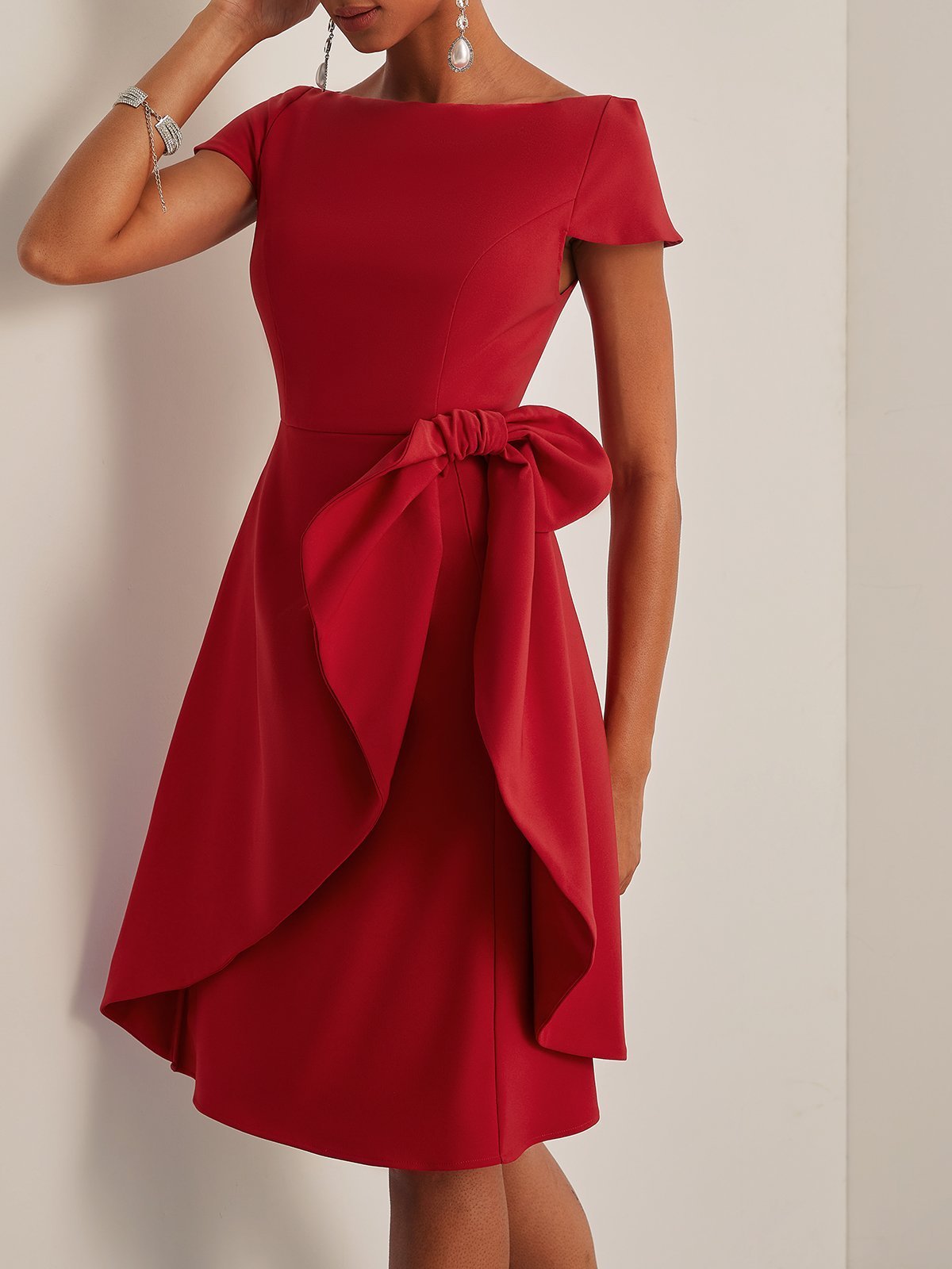 Red Bow Boat Neck Short Sleeve A-Line Midi Dress