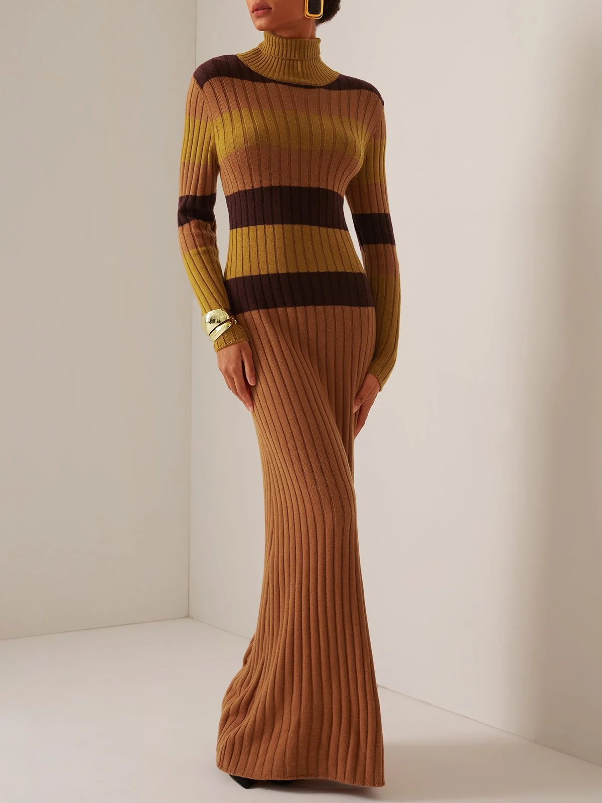 Wool Brown Turtleneck Long Sleeve Wool  Sweater Dresses