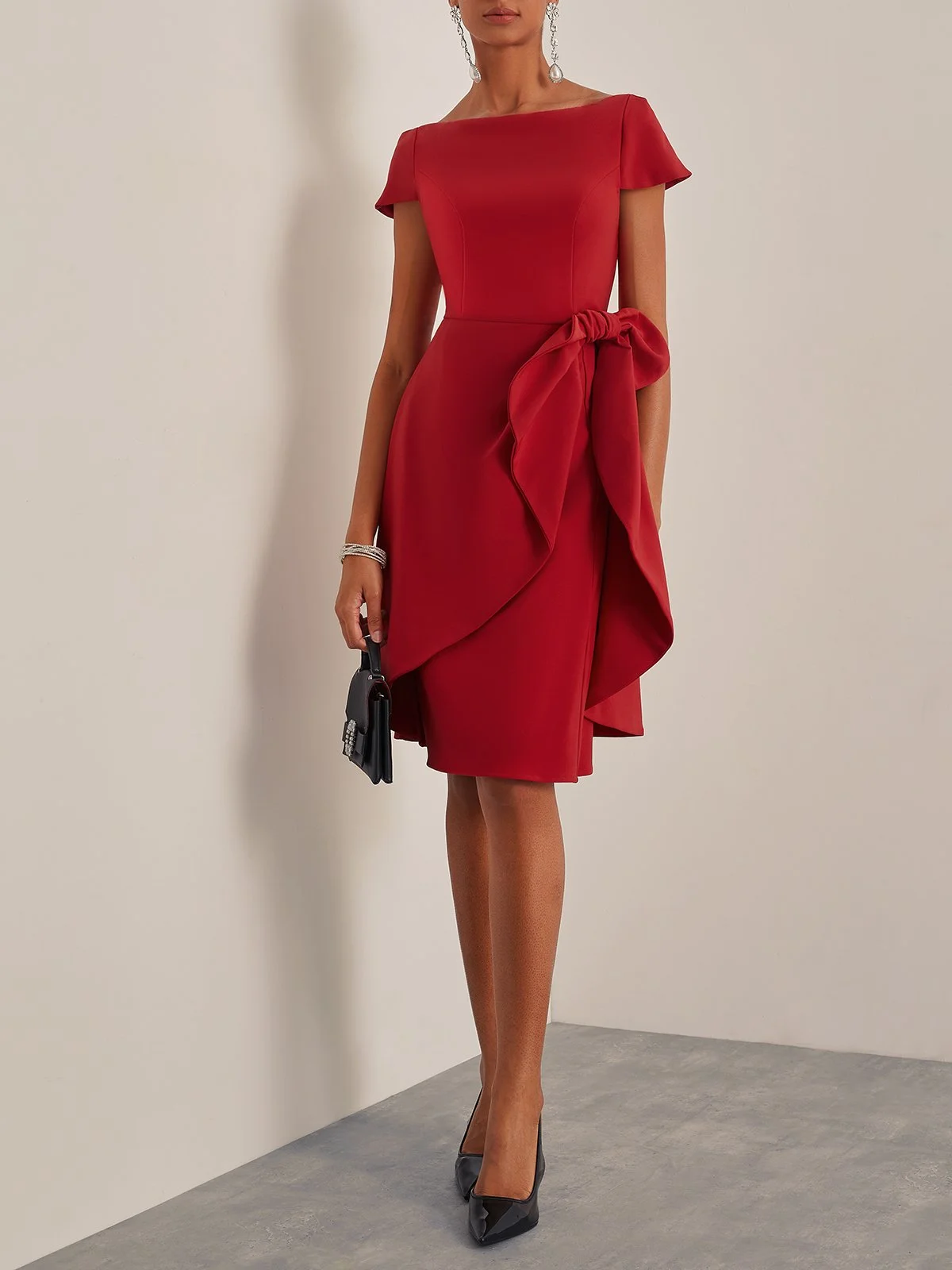 Red Bow Boat Neck Short Sleeve A-Line Midi Dress