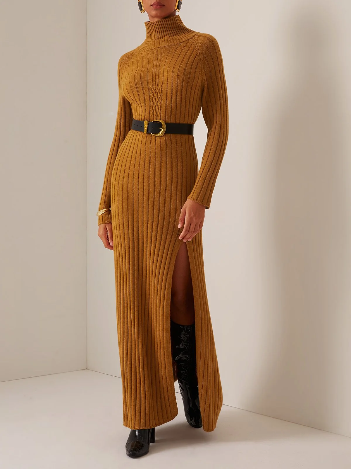 Wool Brown Knot Front Turtleneck Sweater Dress 