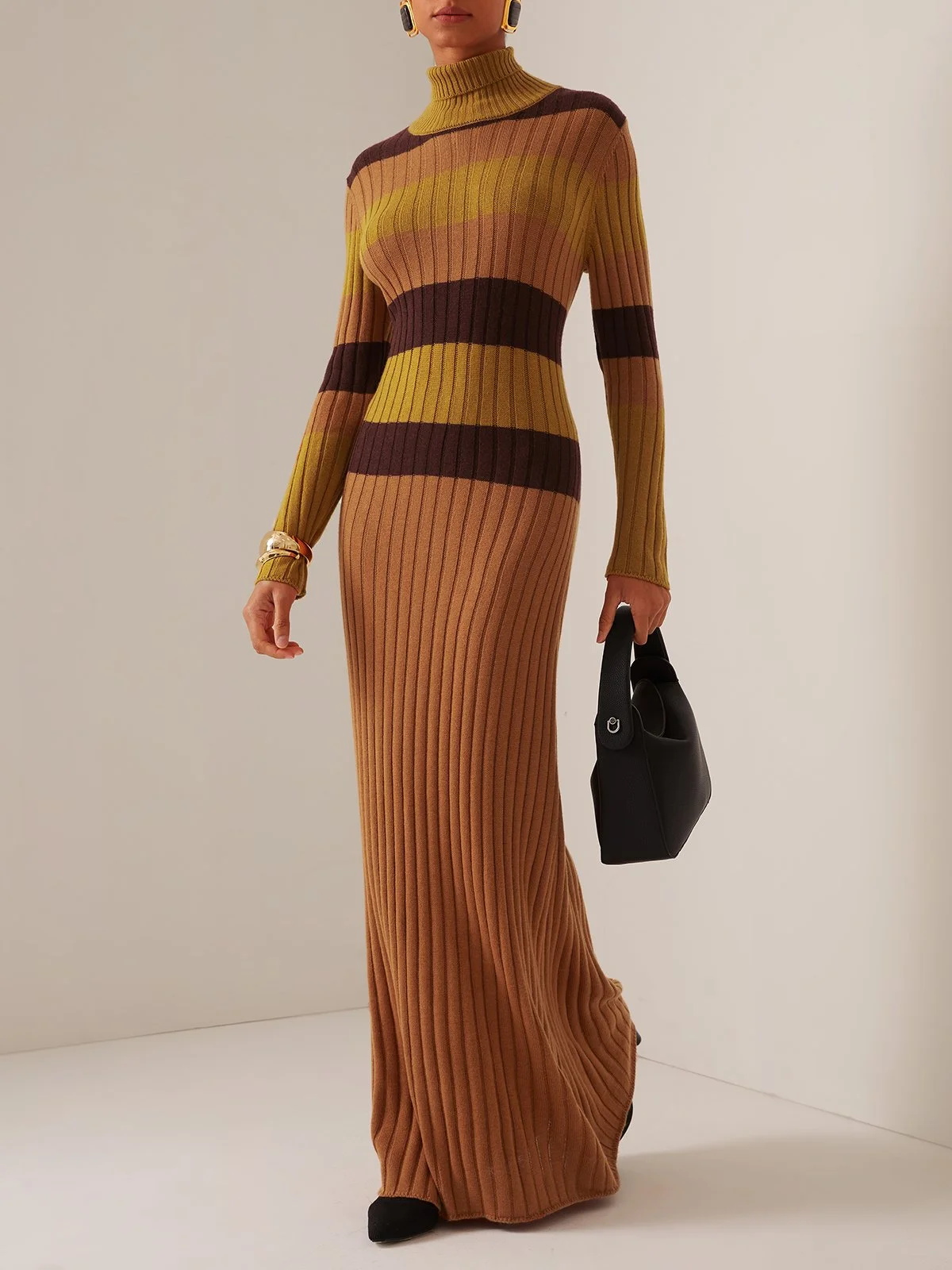 Wool Brown Turtleneck Long Sleeve Wool  Sweater Dresses