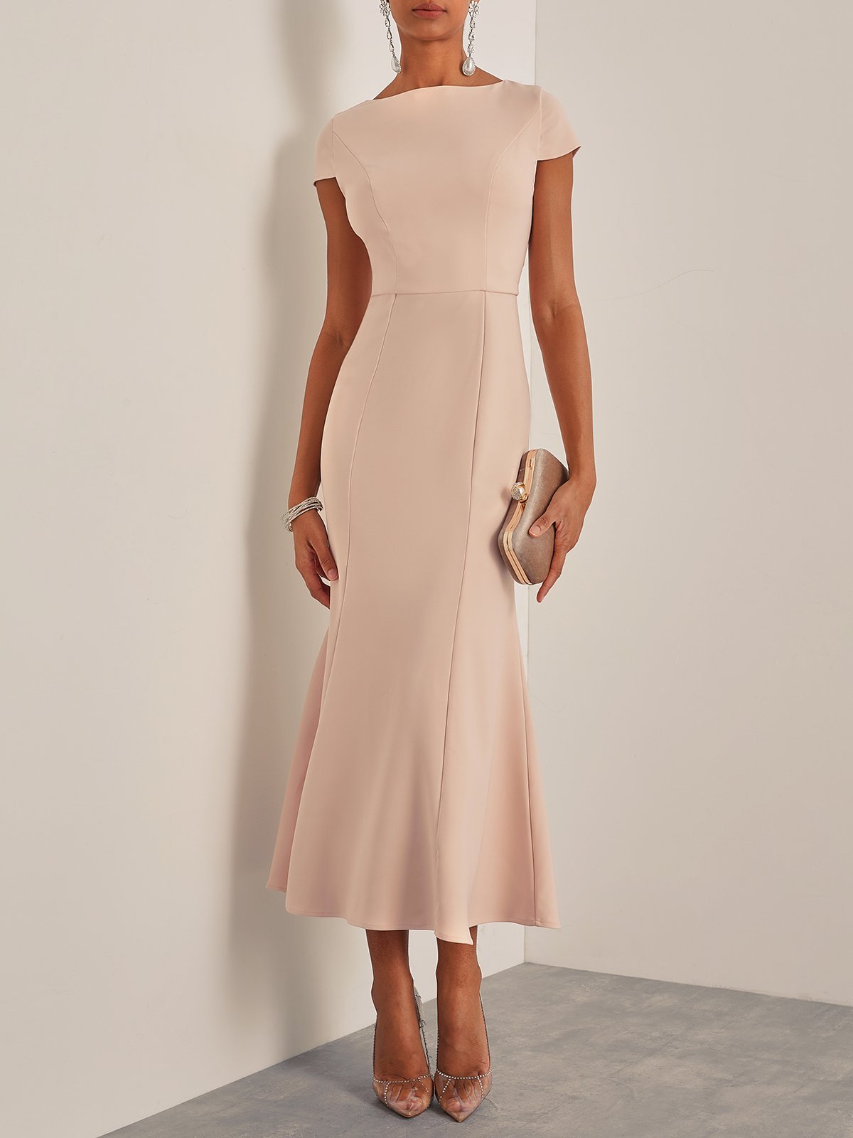 Light Pink Boat Neck Short Sleeve Mermaid Midi Dress