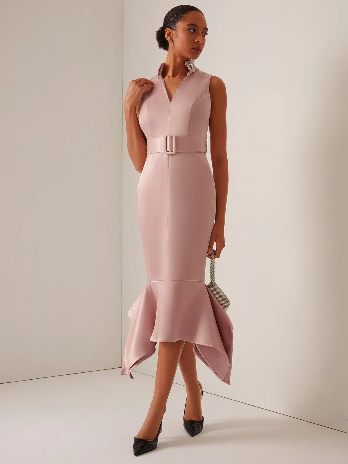 Pink Beaded V Neck Sleeveless Mermaid Midi Dress