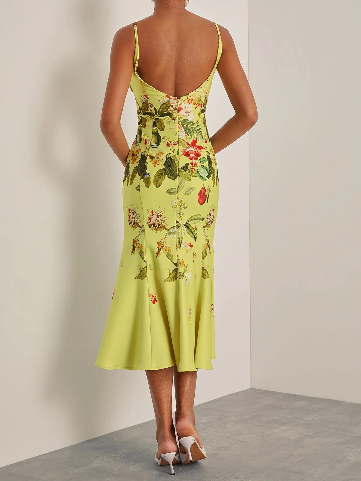 Yellow Floral Applique Spaghetti Mermaid Midi Dress 