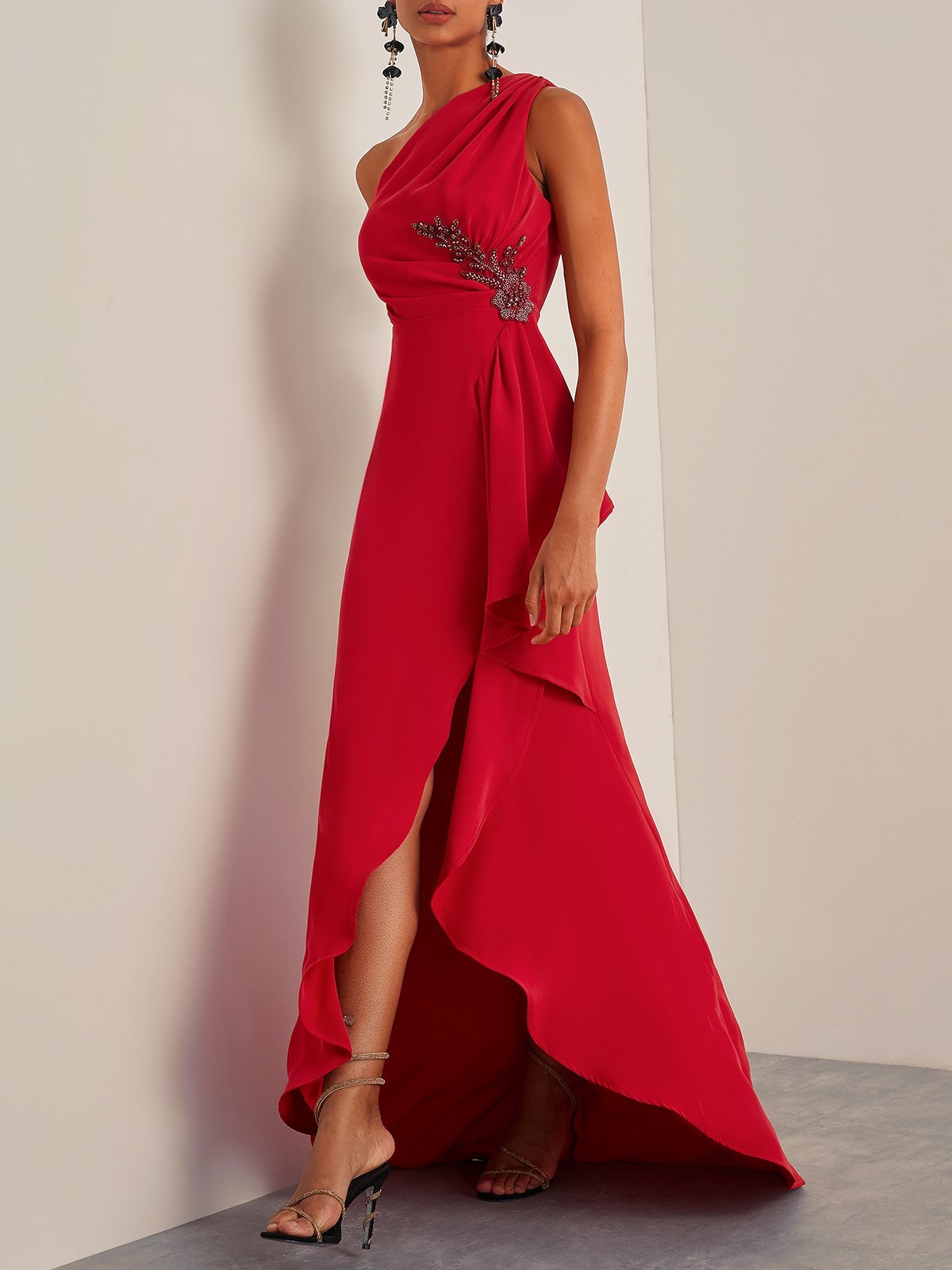 Red Beaded One Shoulder Sleeveless Slit Sheath Gown Maxi Dress