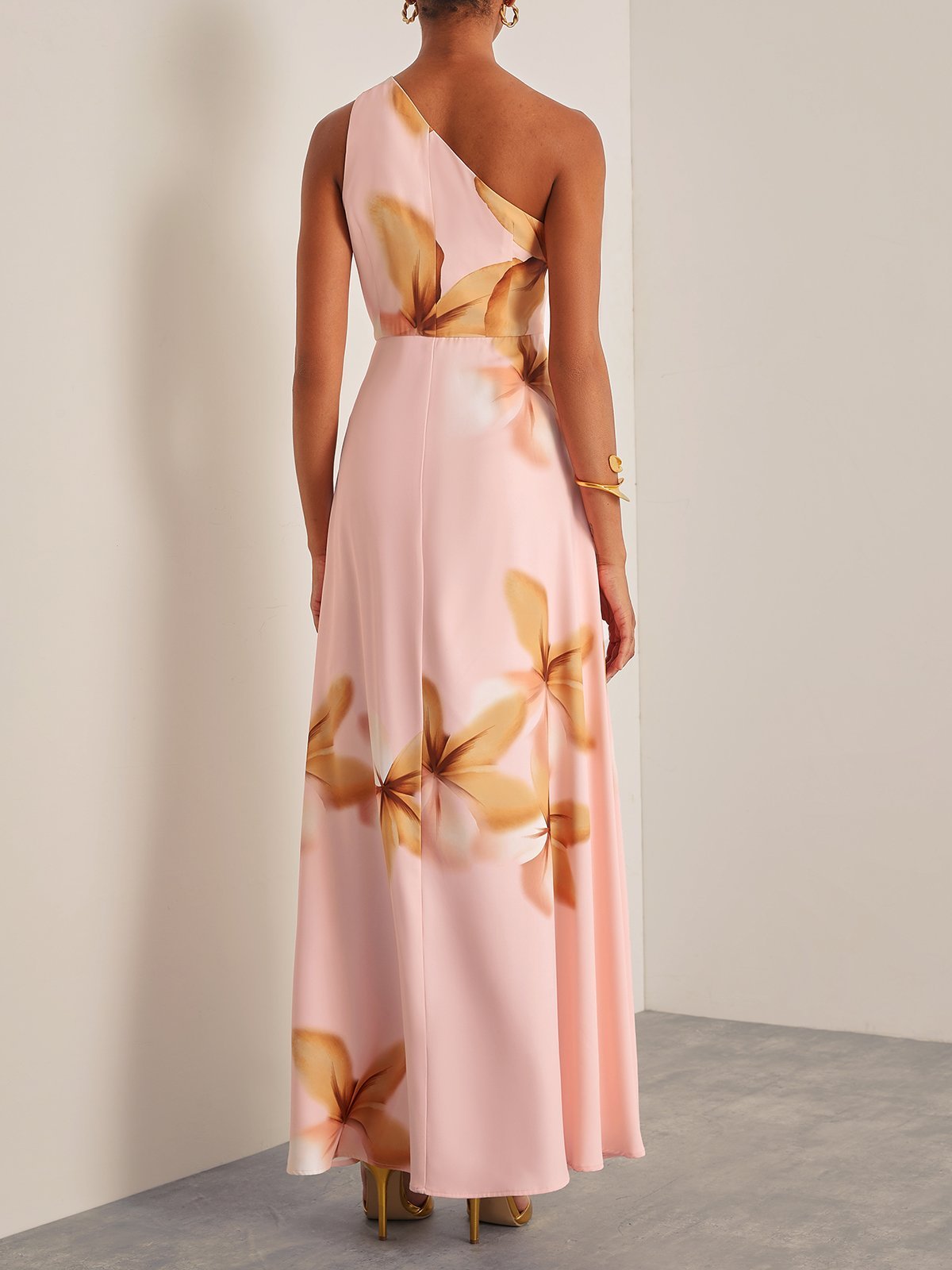 Orange Pink One Shoulder Sleeveless Maxi Dress with Ruched