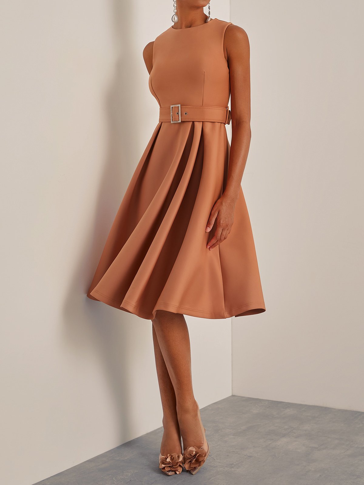 Pinkish Brown Sleeveless A-Line Midi Dress