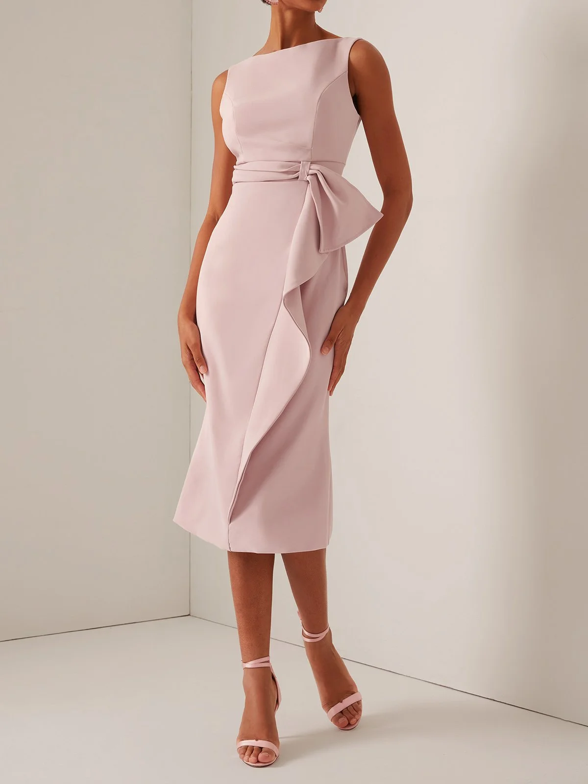 Pink Ruched Boat Neck Sleeveless Knee Length Sheath Dress