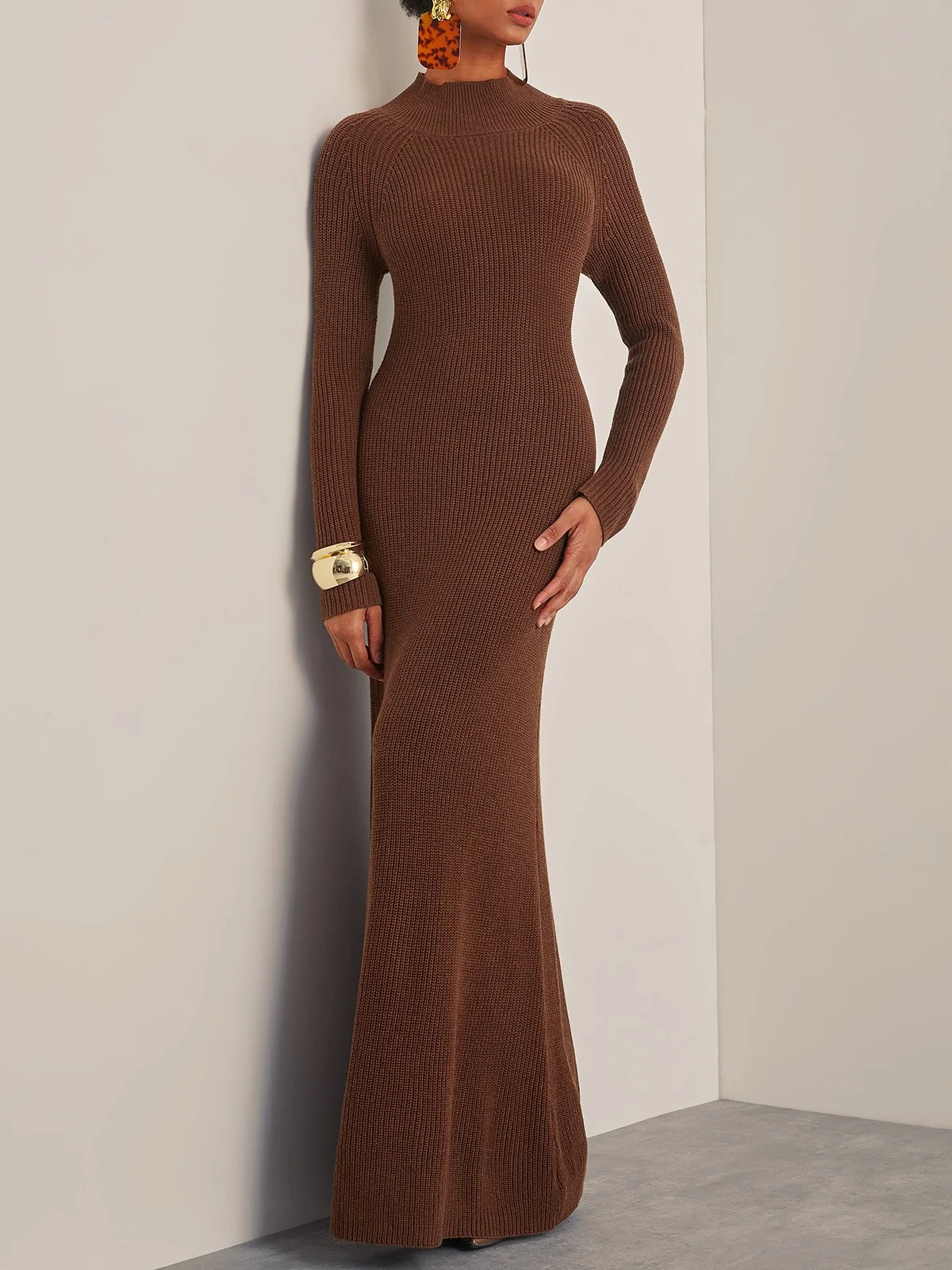 Wool Brown Crew Neck Long Sleeve Maxi Sweater Dress