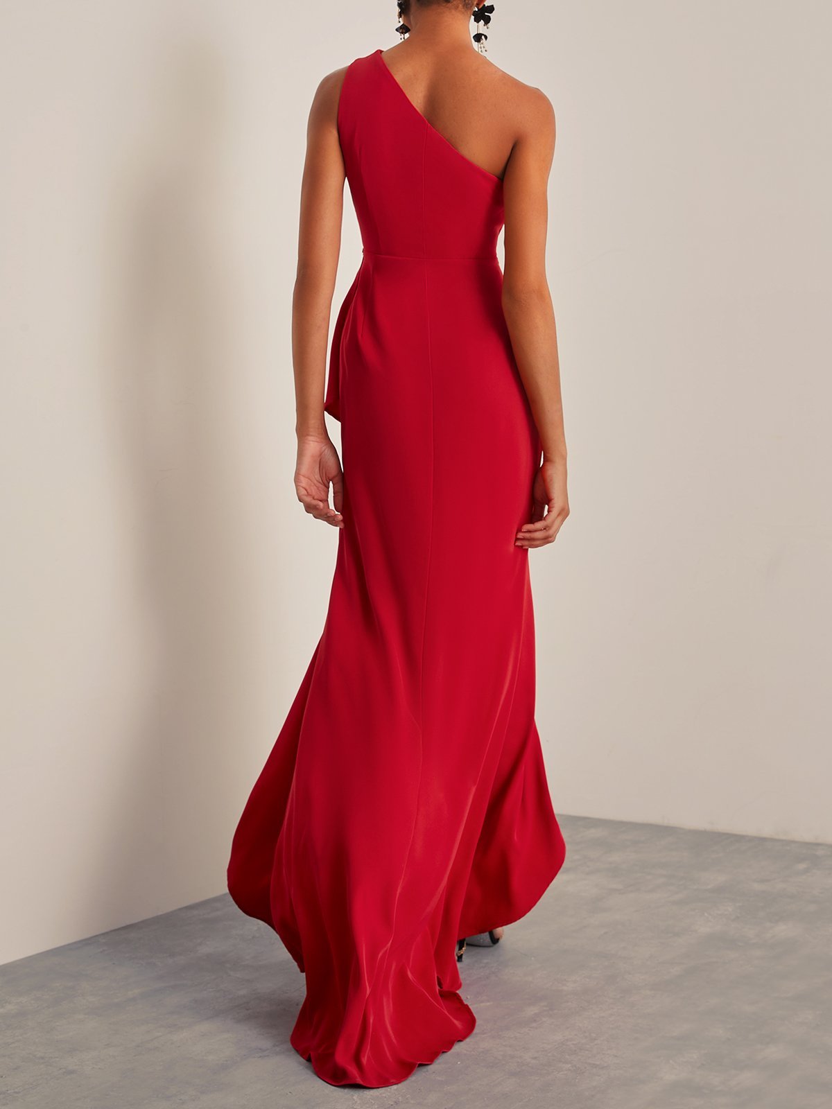 Red Beaded One Shoulder Sleeveless Slit Sheath Maxi Dress