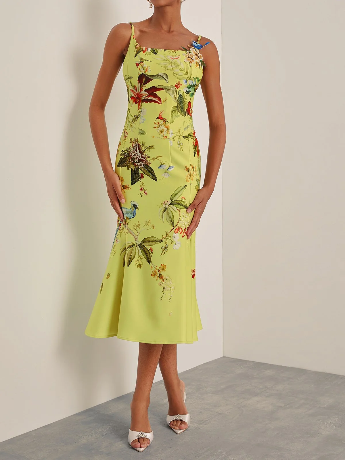 Yellow Floral Applique Spaghetti Mermaid Midi Dress 