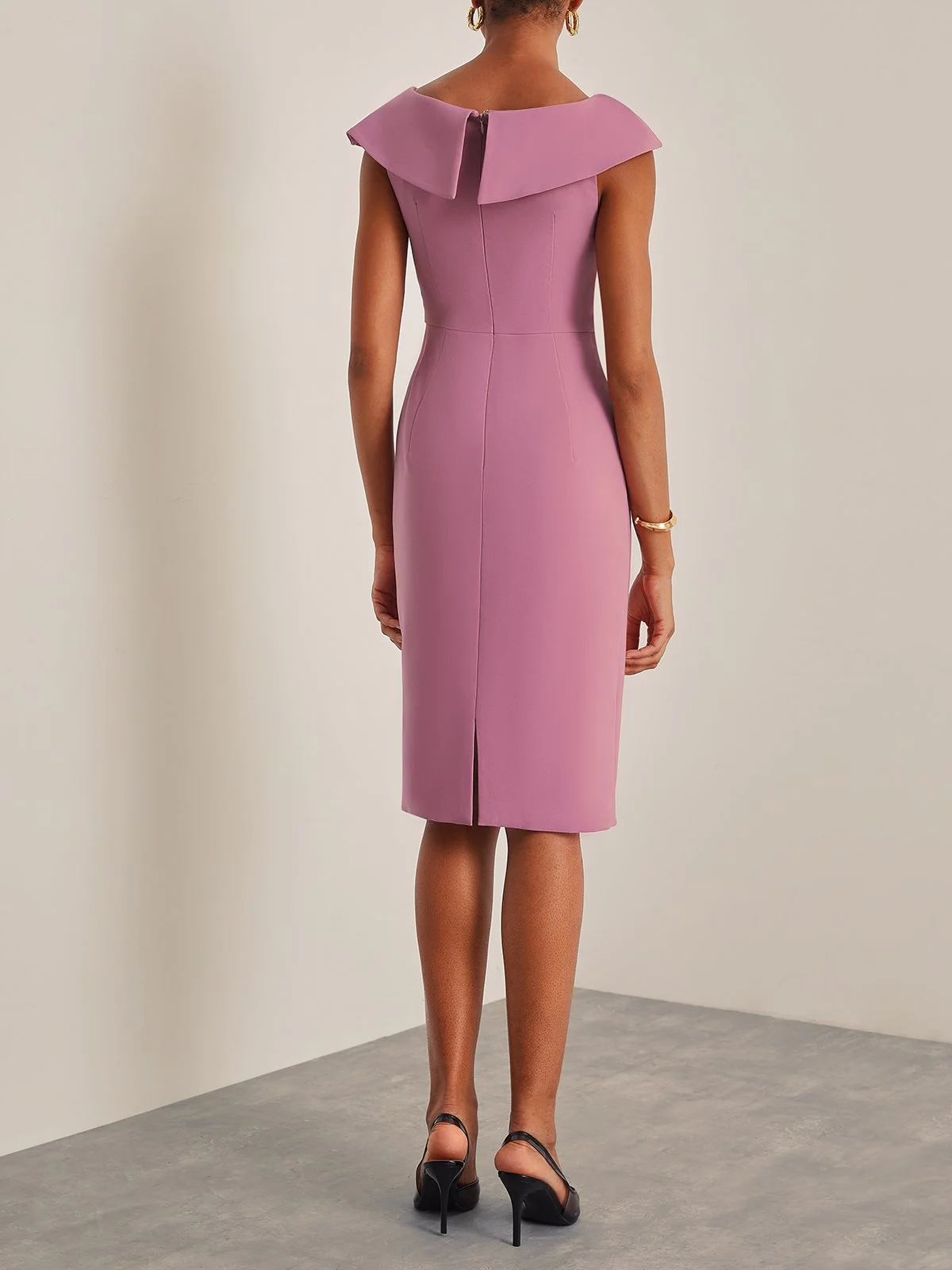 Berry Pink Asymmetrical Neck Sheath Midi Dress