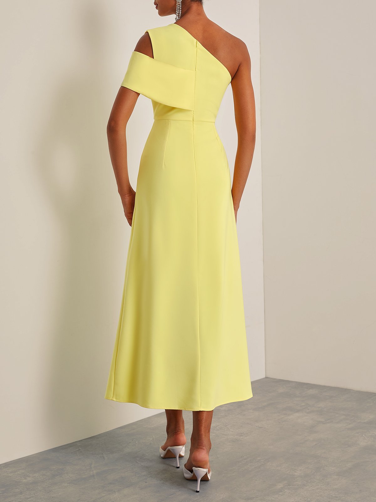 Yellow One Shoulder Asymmetrical A-Line Midi Dress