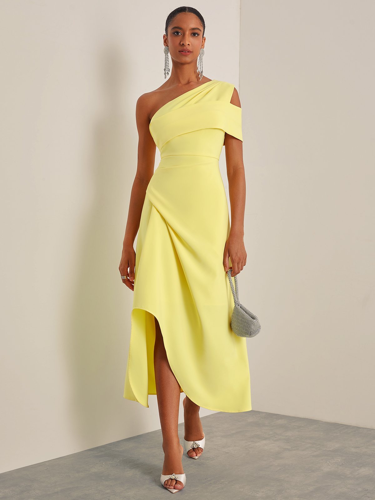 Yellow One Shoulder Asymmetrical A-Line Midi Dress